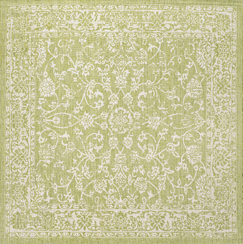 Jonathan Y Smb100D-5Sq Tela Bohemian Textured Weave Floral Indoor Outdoor Area Rug, Coastal, Traditional, Transitional Easy Cleaning,Bedroom,Kitchen,Backyard,Patio,Non Shedding, Green/Cream, 5' Square
