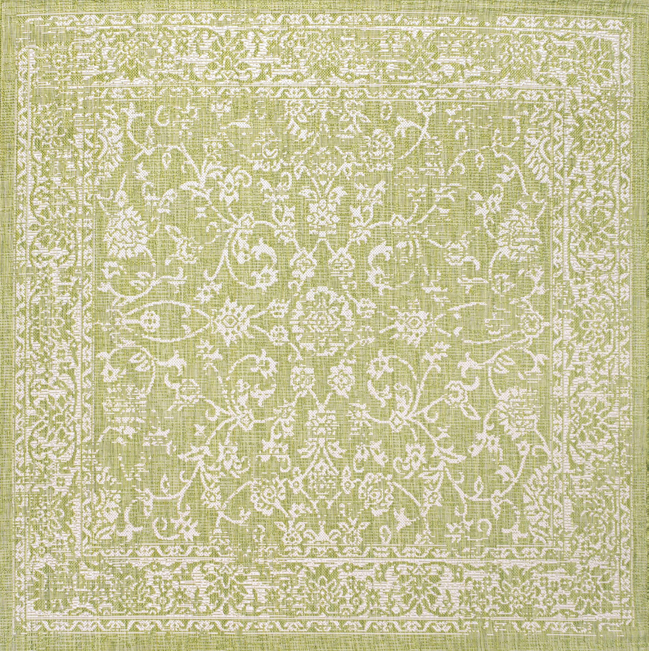Jonathan Y Smb100D-5Sq Tela Bohemian Textured Weave Floral Indoor Outdoor Area Rug, Coastal, Traditional, Transitional Easy Cleaning,Bedroom,Kitchen,Backyard,Patio,Non Shedding, Green/Cream, 5' Square