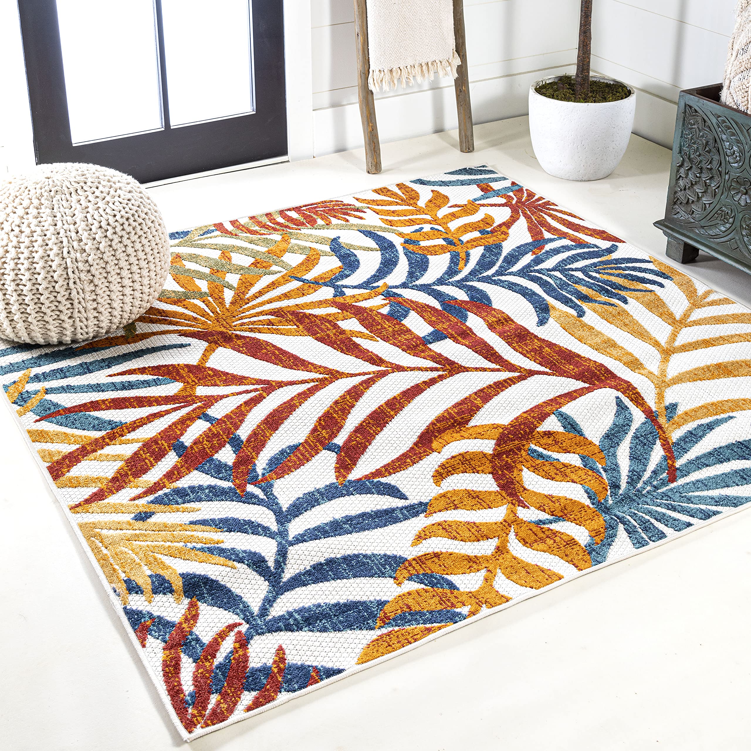 Jonathan Y Amc100B-5Sq Tropics Palm Leaves Indoor Outdoor Area-Rug Bohemian Floral Easy-Cleaning High Traffic Bedroom Kitchen Ba