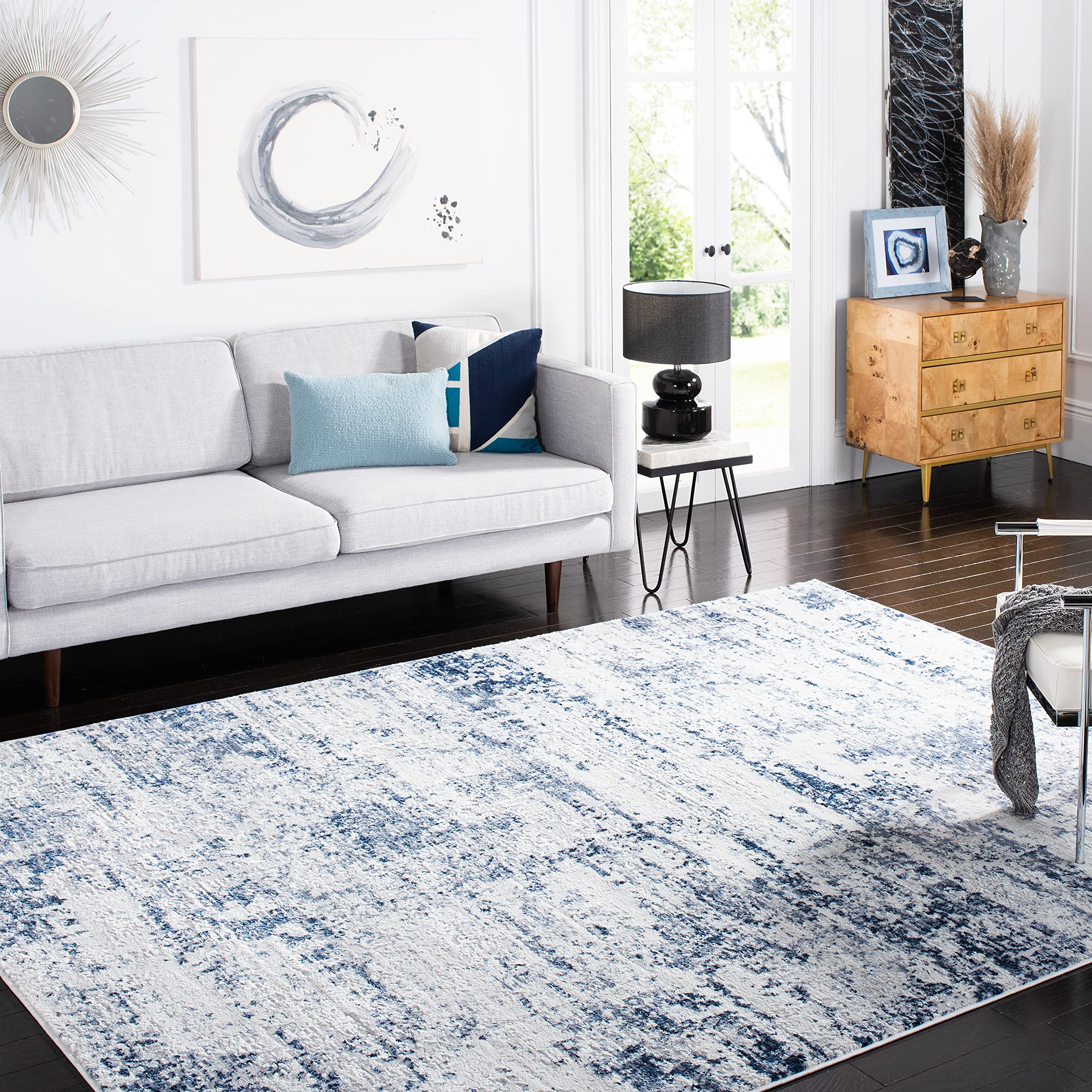 SAFAVIEH Amelia Collection 9 Square Ivory / Navy ALA700B Modern Abstract Non-Shedding Living Room Bedroom Dining Home Office Ar