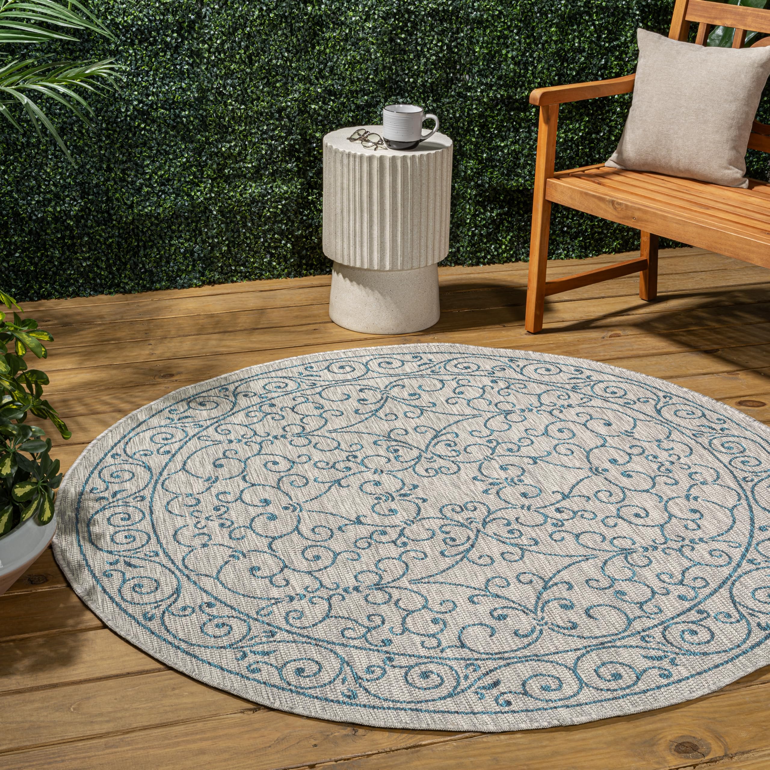JONATHAN Y SMB106E-9R Charleston Vintage Filigree Textured Weave Gray/Teal 9 Round Indoor/Outdoor Area Rug, Pet Friendly, Non-S