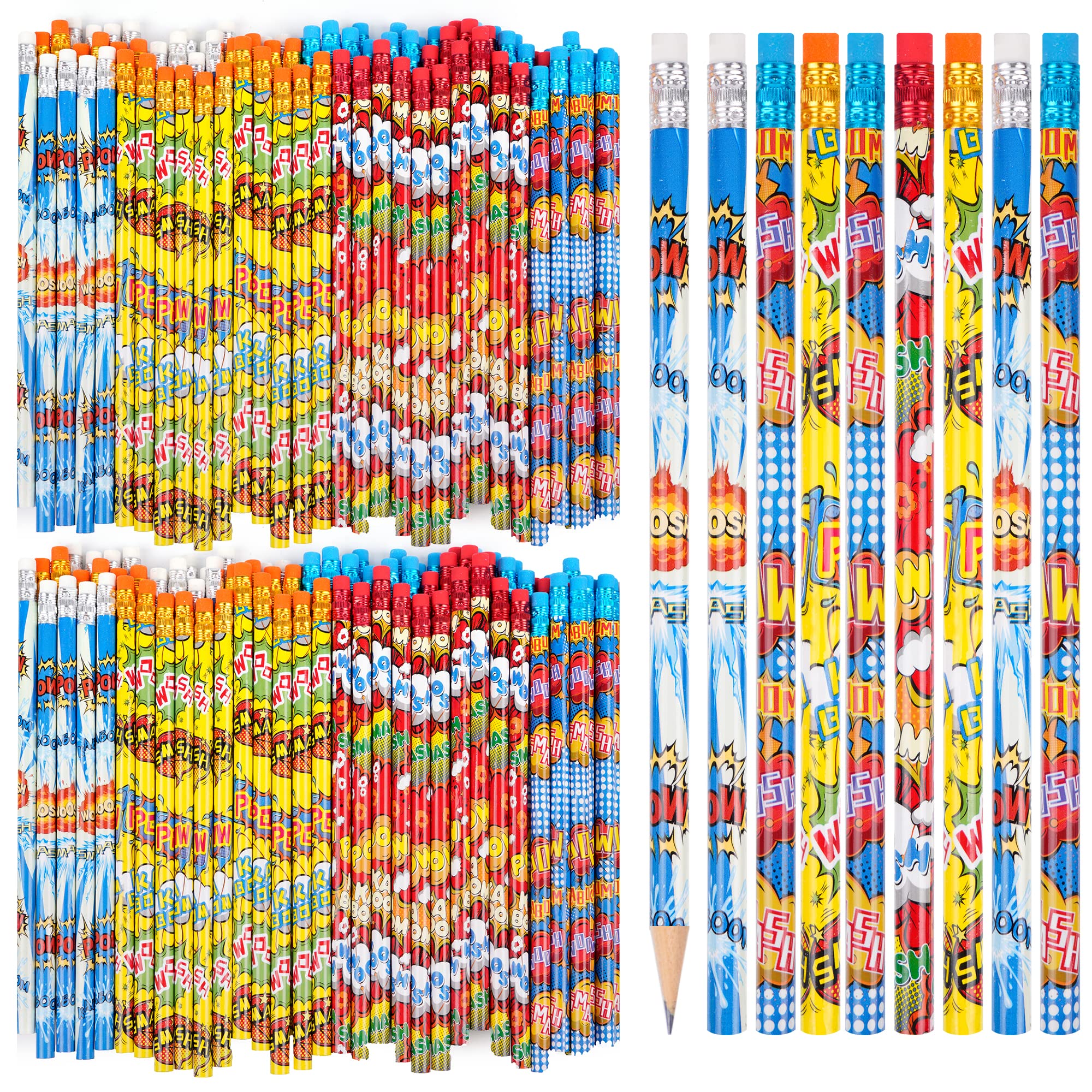 Kolewo4Ever 200 Pieces Hero Text Pencils Cylinder Wood Pencils Pow! Snap! Wham! Bang! Elements Pencils 4 Style Assorted Kids Pen
