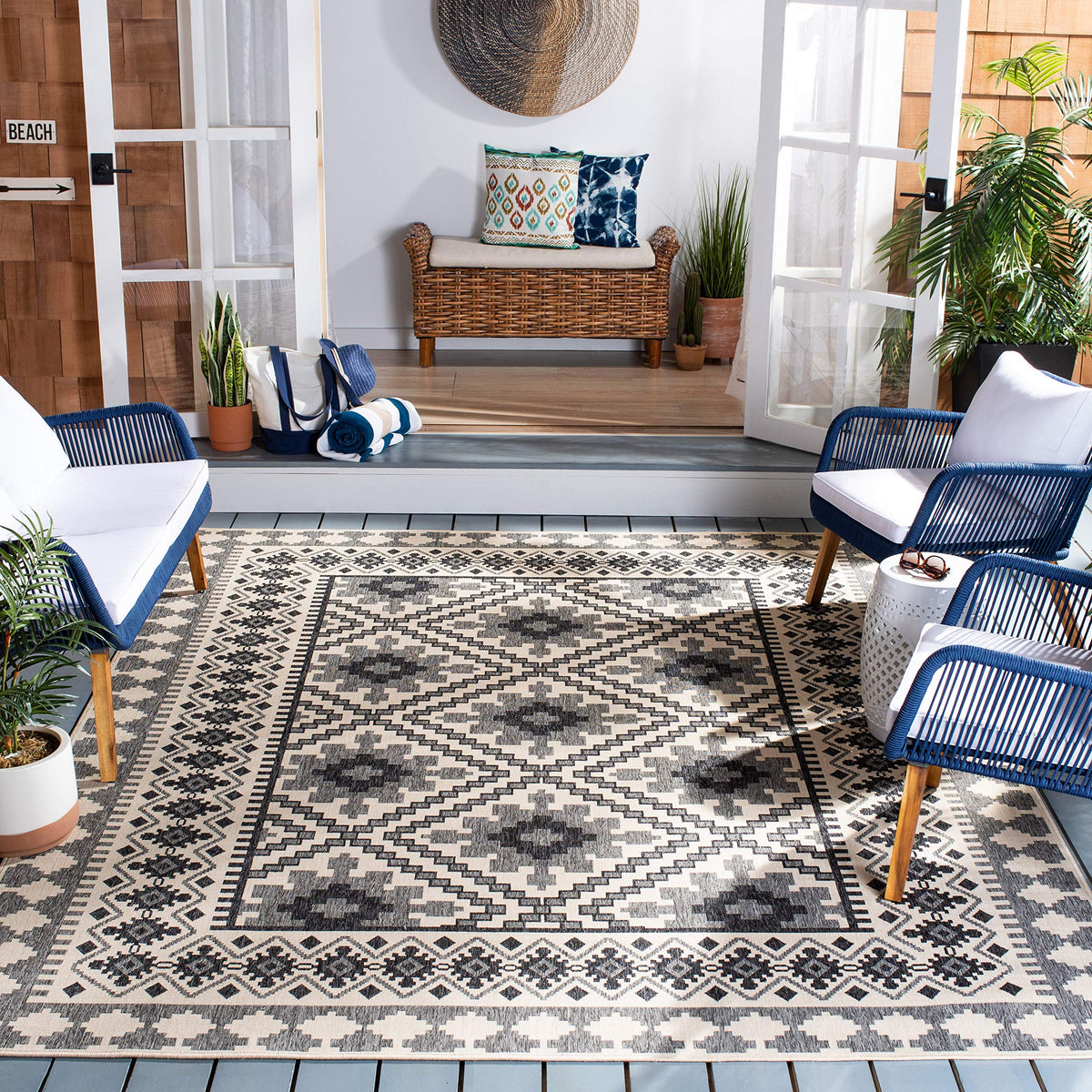 Safavieh Veranda Collection 6'7' X 6'7' Square Ivory / Slate Ver099 Boho Indoor/ Outdoor Non-Shedding Easy Cleaning Patio Back