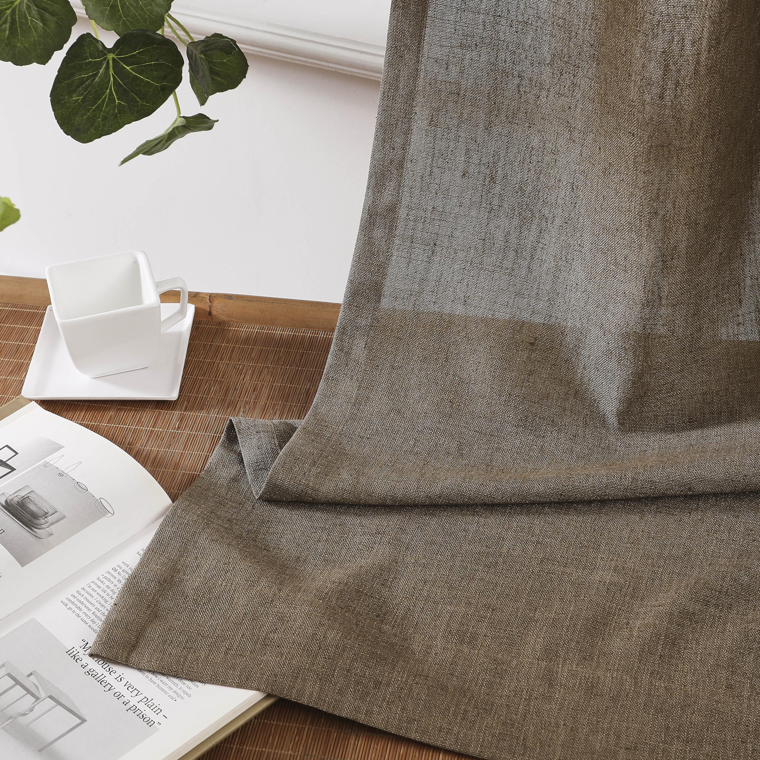 Central Park Linen Grommet Semi Sheer Curtain Panel 102 Inches Long For Living Room, Flax Linen Blended Farmhouse Rustic Light F