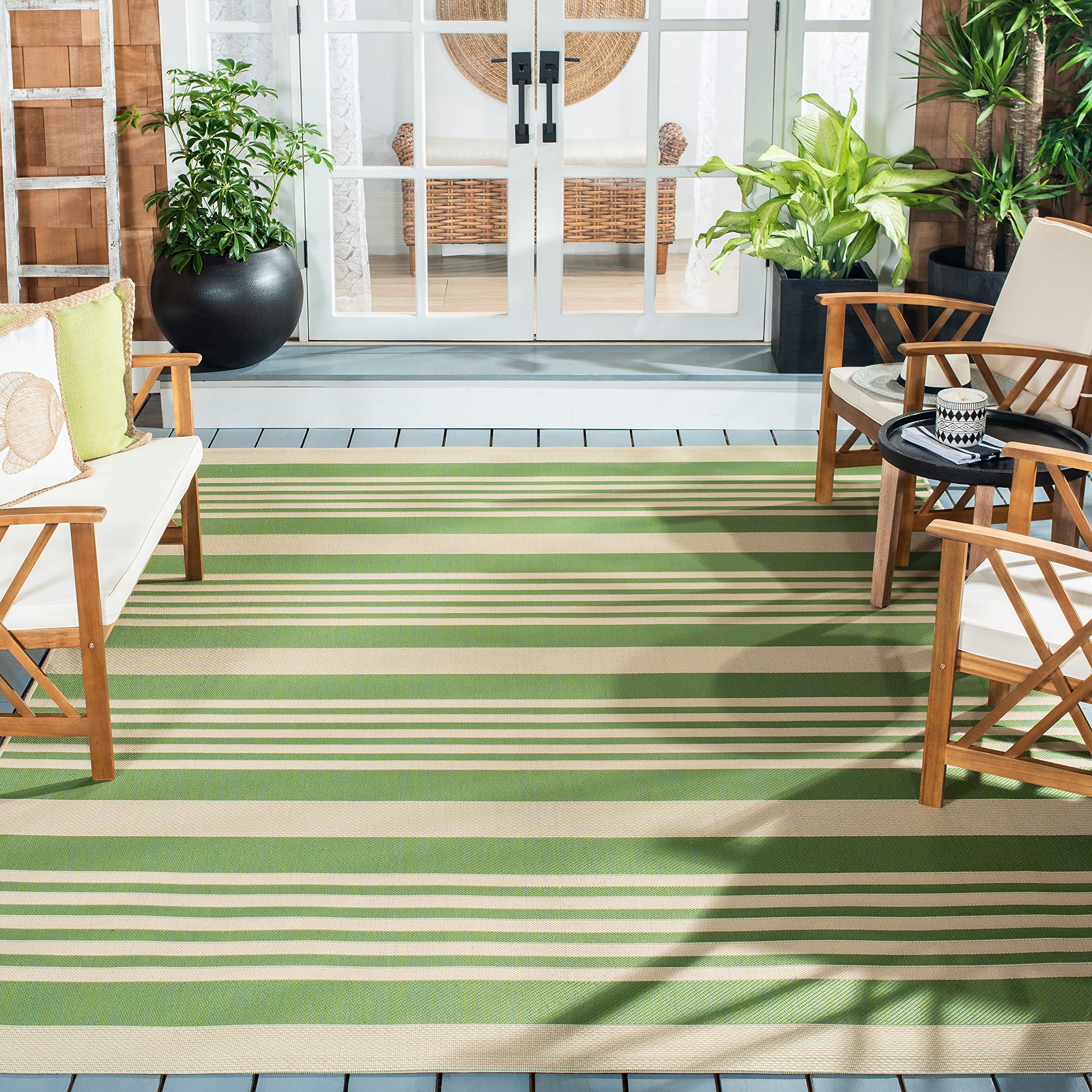 Safavieh Courtyard Collection 6'7'' Square Green/Beige Cy6062 Stripe Indoor/ Outdoor Patio Backyard Mudroom Area Rug