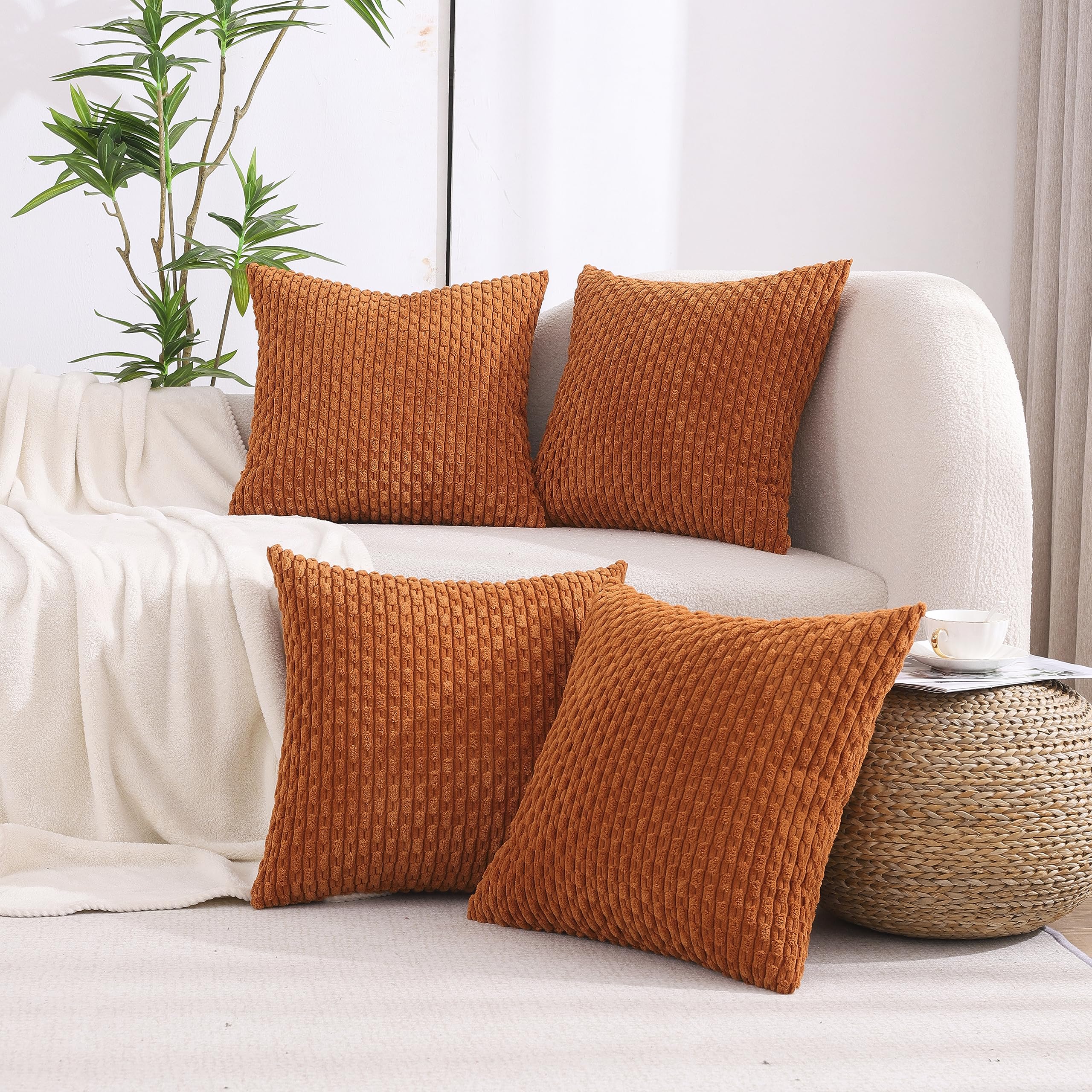 Vakado Throw Pillow Covers Fall 18X18 Set Of 4 Decorative Couch Boho Rust Rustic Corduroy Cushion Case Farmhouse Decor Square Fo
