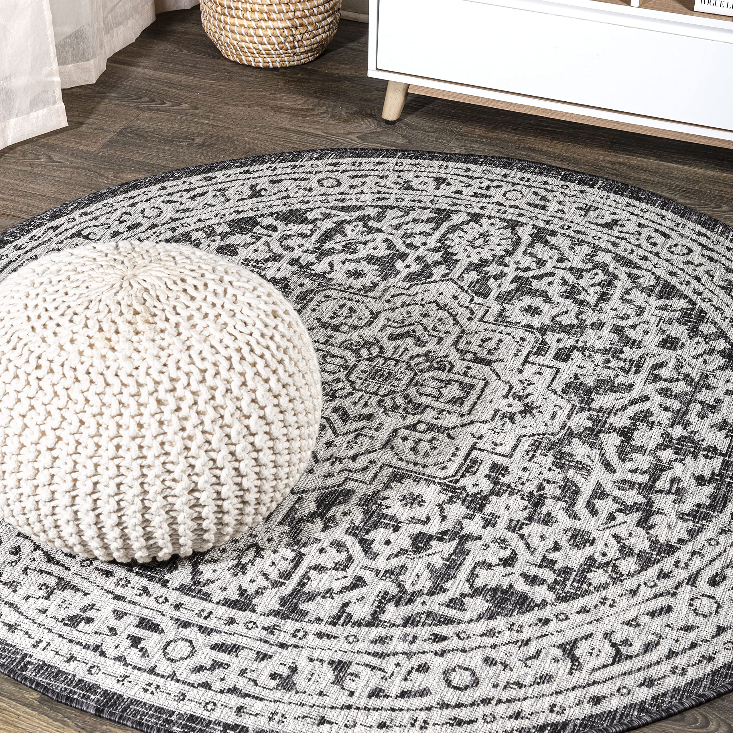 Jonathan Y Smb101D-4R Sinjuri Medallion Textured Weave Gray/Black 4' Round Indoor/Outdoor Area Rug, Pet Friendly, Non-Shedding,