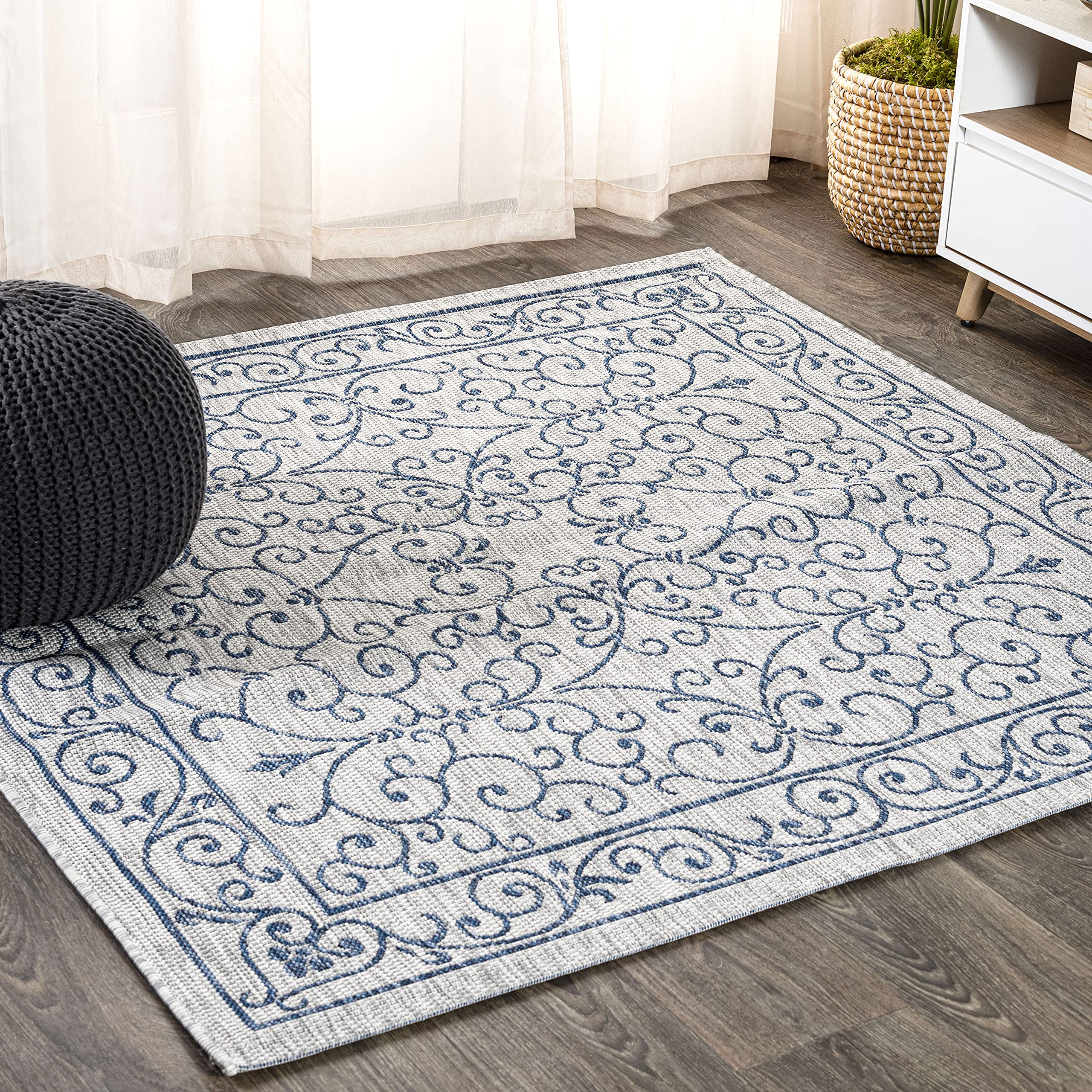 Jonathan Y Smb106C-9Sq Charleston Vintage Filigree Textured Weave Gray/Navy 9' Square Indoor/Outdoor Area Rug, Pet Friendly, Non