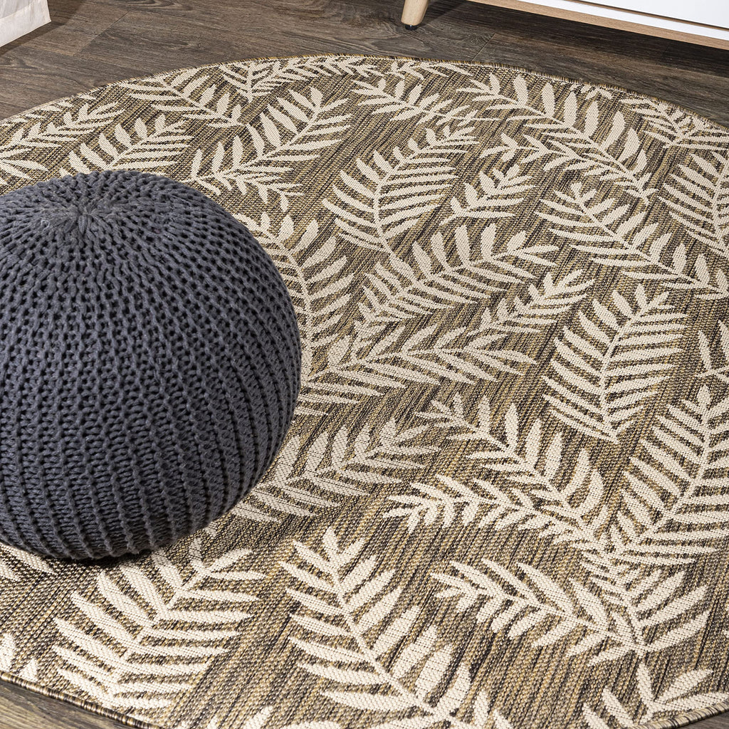 Jonathan Y Smb119A-5R Nevis Palm Frond Indoor Outdoor Area-Rug Coastal Floral Easy-Cleaning Bedroom Kitchen Backyard Patio Non Shedding, 5' Round, Brown/Beige