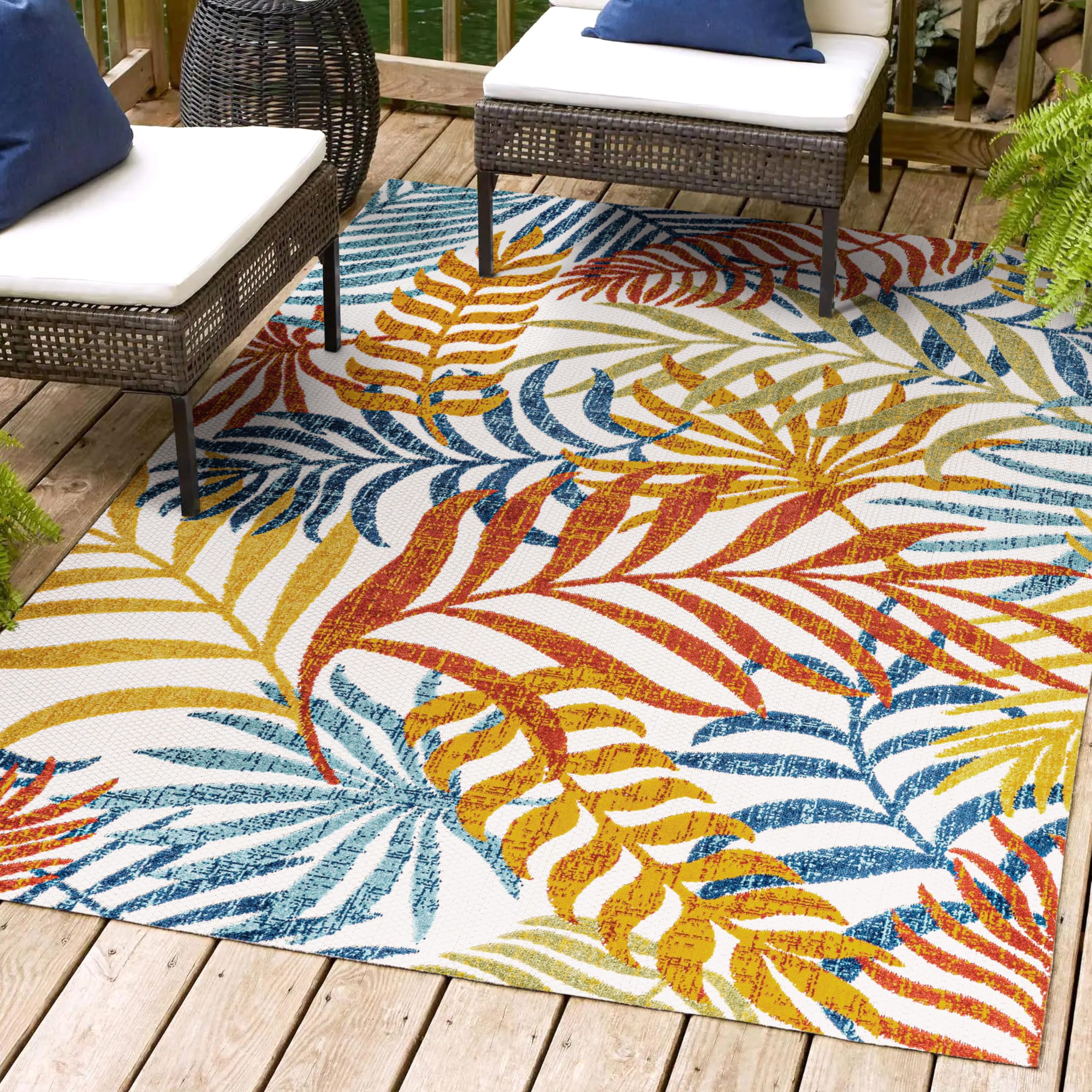 Jonathan Y Amc100B-8 Tropics Palm Leaves Indoor Outdoor Area-Rug Bohemian Floral Easy-Cleaning High Traffic Bedroom Kitchen Backyard Patio Porch Non Shedding, 8 X 10, Cream/Orange