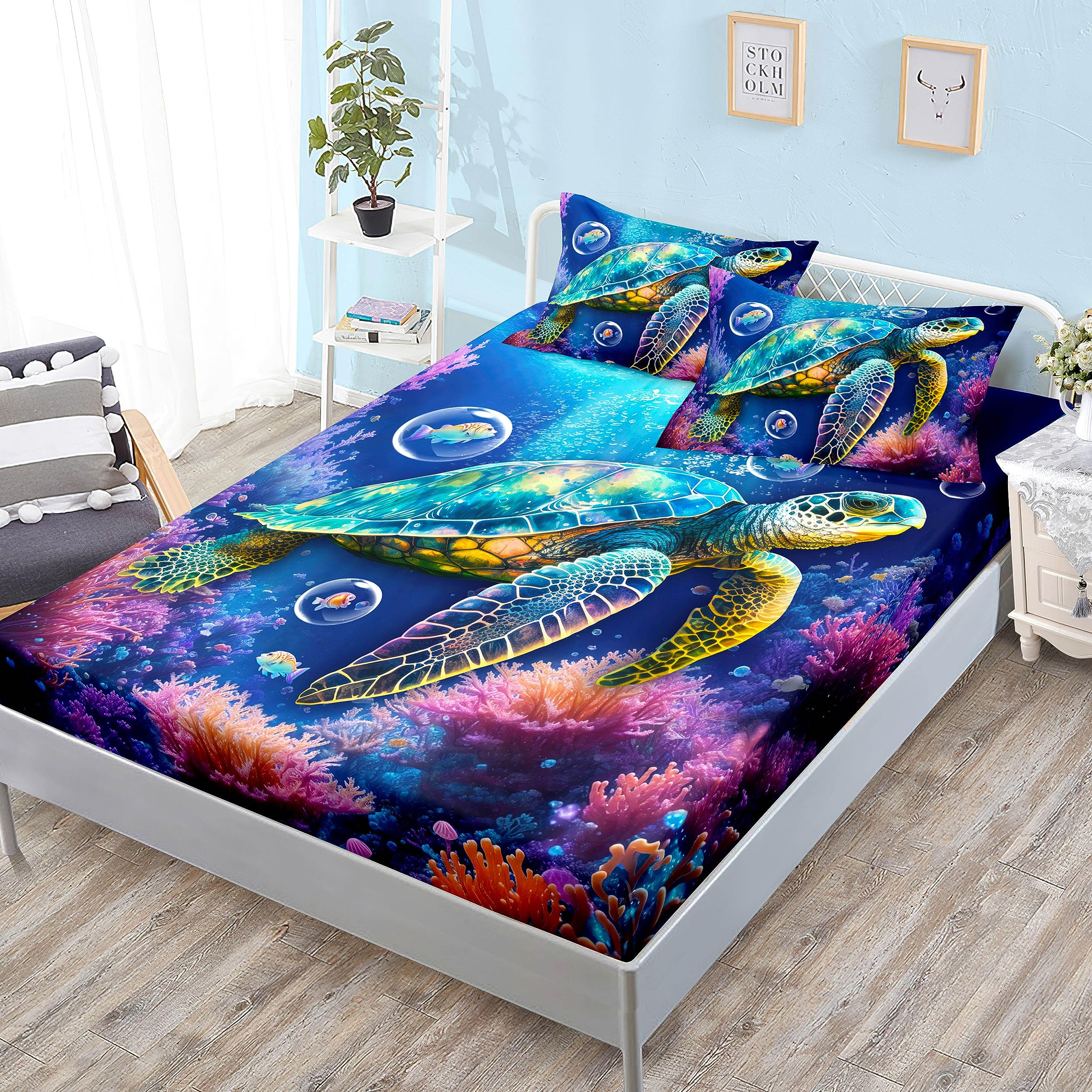 Hosima Sea Animal Bedding Set Turtle Fitted Sheet,Ocean Beach Theme Bedding Clownfish Coral Bed In A Bag Full Size For Adults Ki