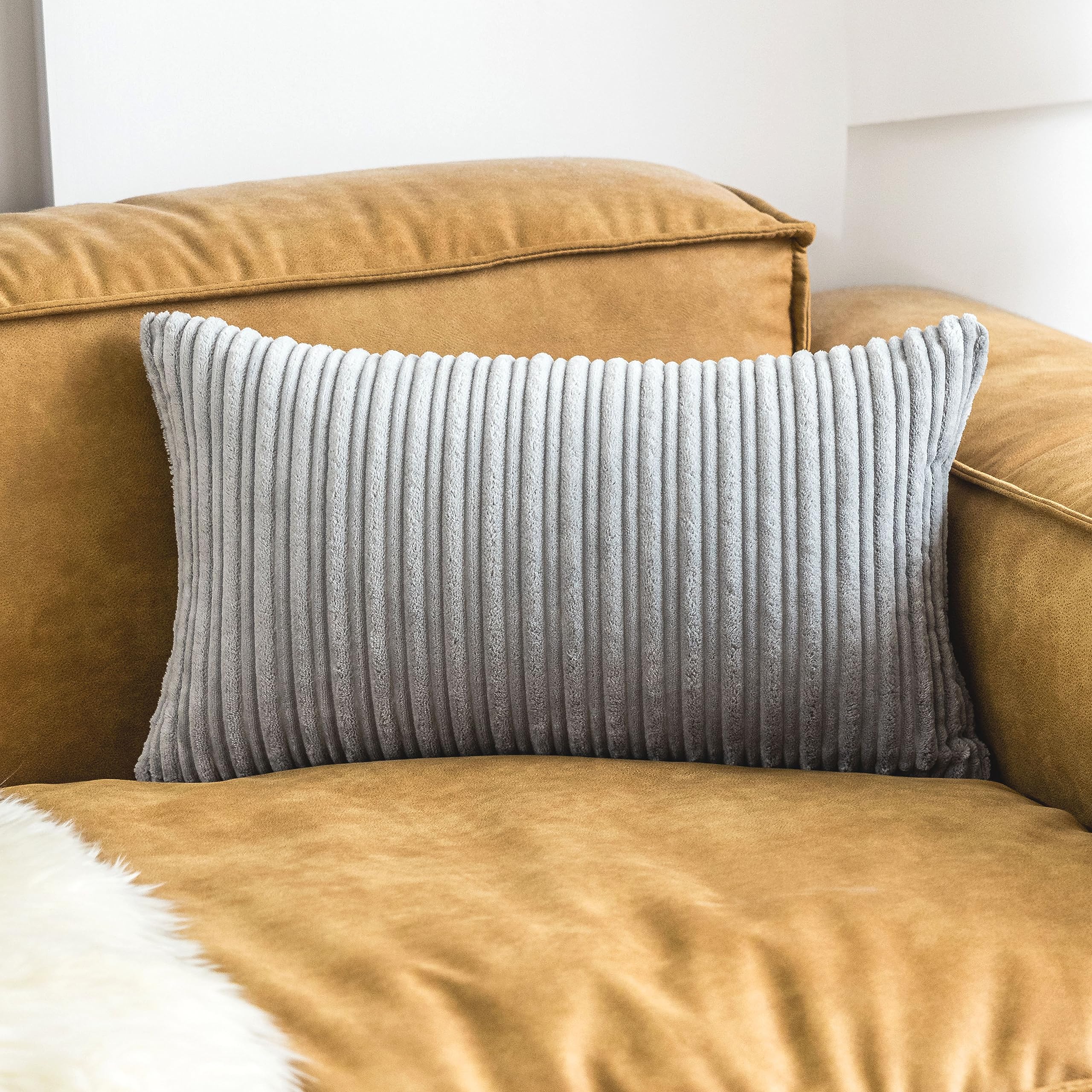 Ugasa Velvet Pillow Covers Striped, Decorative Throw Cushion Case With Hidden Zipper For Home Couch/Bedroom, Soft Cozy Solid Obl