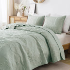 B2Ever Damask Quilt Queen Size Bedding Sets With Pillow Shams, Boho Lightweight Soft Bedspread Coverlet, Sage Green Quilted Blan