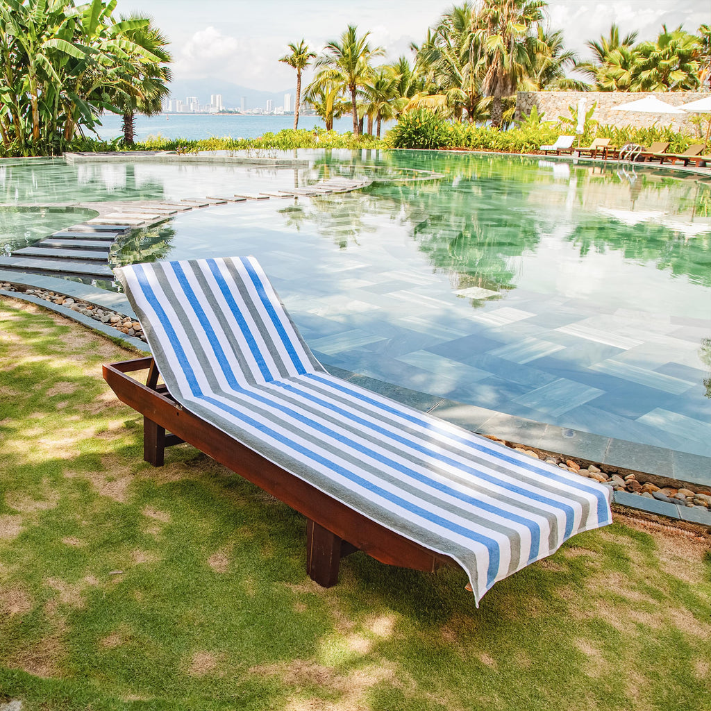 Arkwright Cabo Chaise Lounge Cover - Pack Of 2 - Striped Soft Cotton Cabana Towel With Pocket Holder For Beach Pool Outdoor Chair, 30 X 85 In., Cornflower Blue/Grey