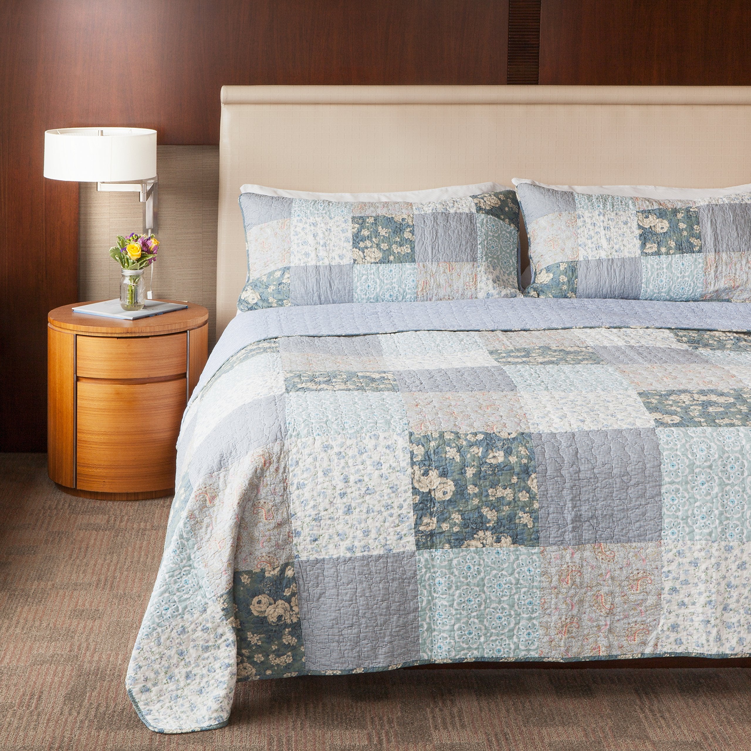 Slpr Wildflowers Cotton Quilt Set - King Size With 2 Shams, Blue Gray Floral Pieced Patchwork Design, Country Quilted Bedspread