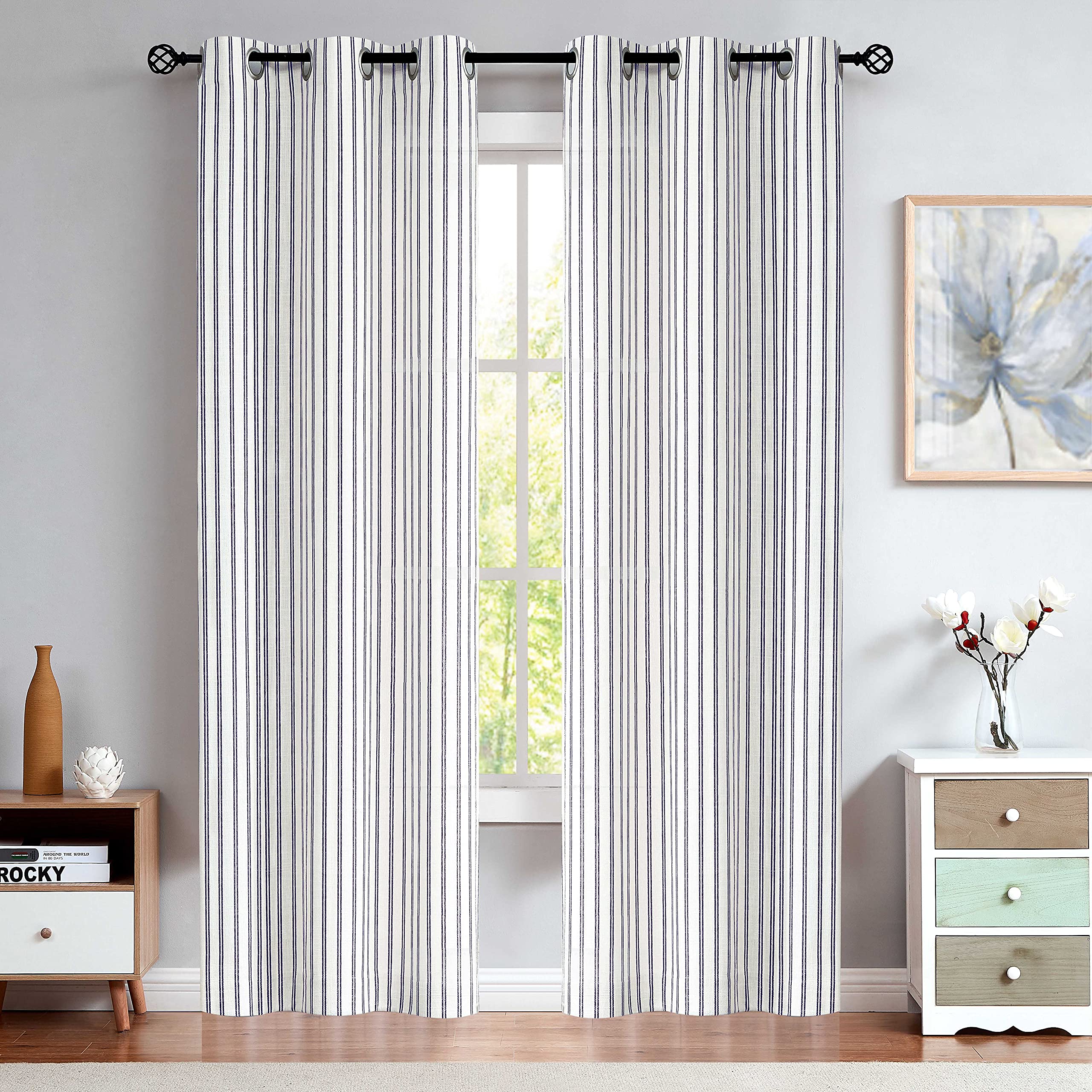Randall Linen Stripe Semi Sheer Curtain Panels Living room Farmhouse Rustic Contemporary Window Treatment Drapery Sets, 40x95 In