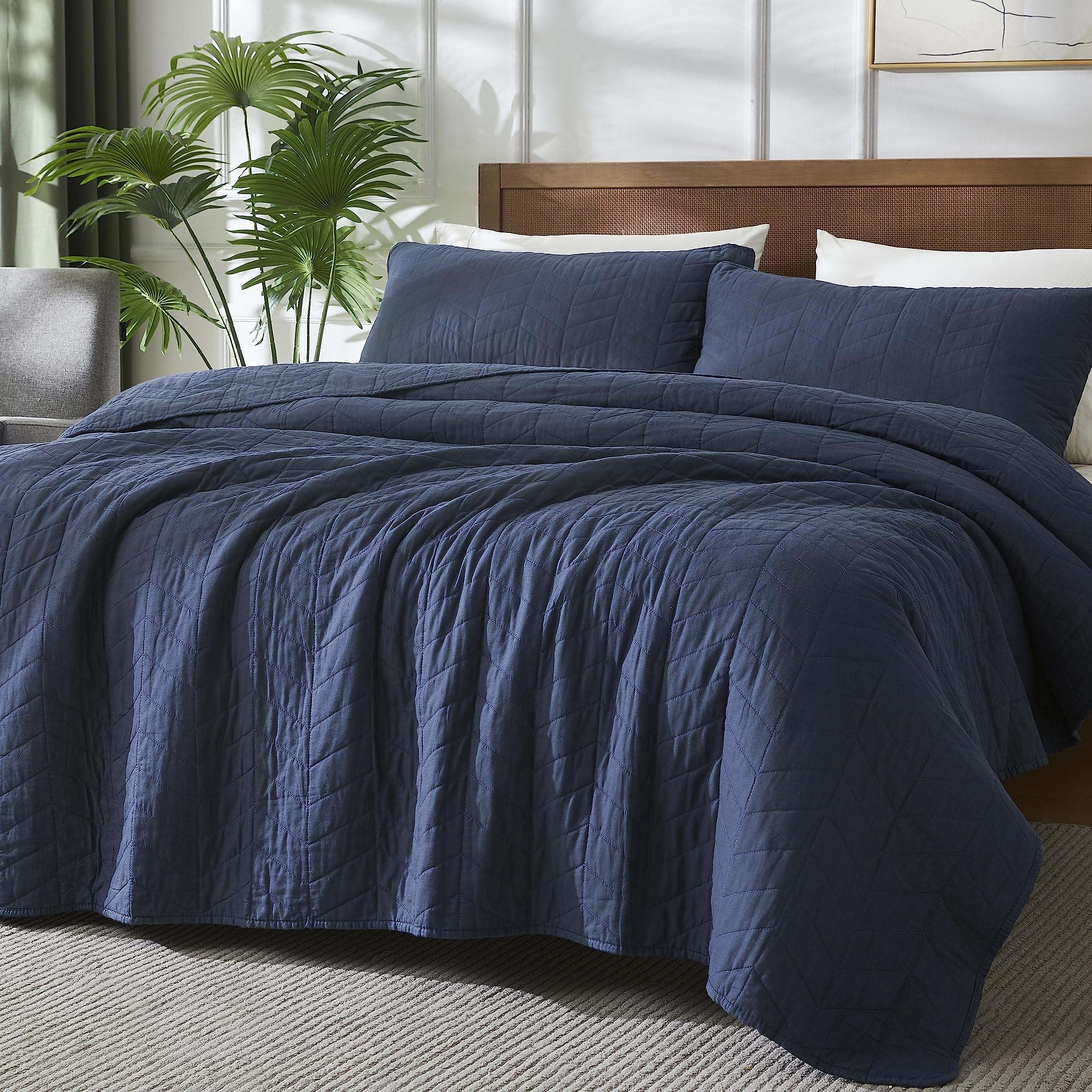 Palassio Navy Blue 100% Cotton Quilt King Size Bedding Sets With Pillow Shams, Lightweight Soft Bedspread Coverlet, Quilted Comf