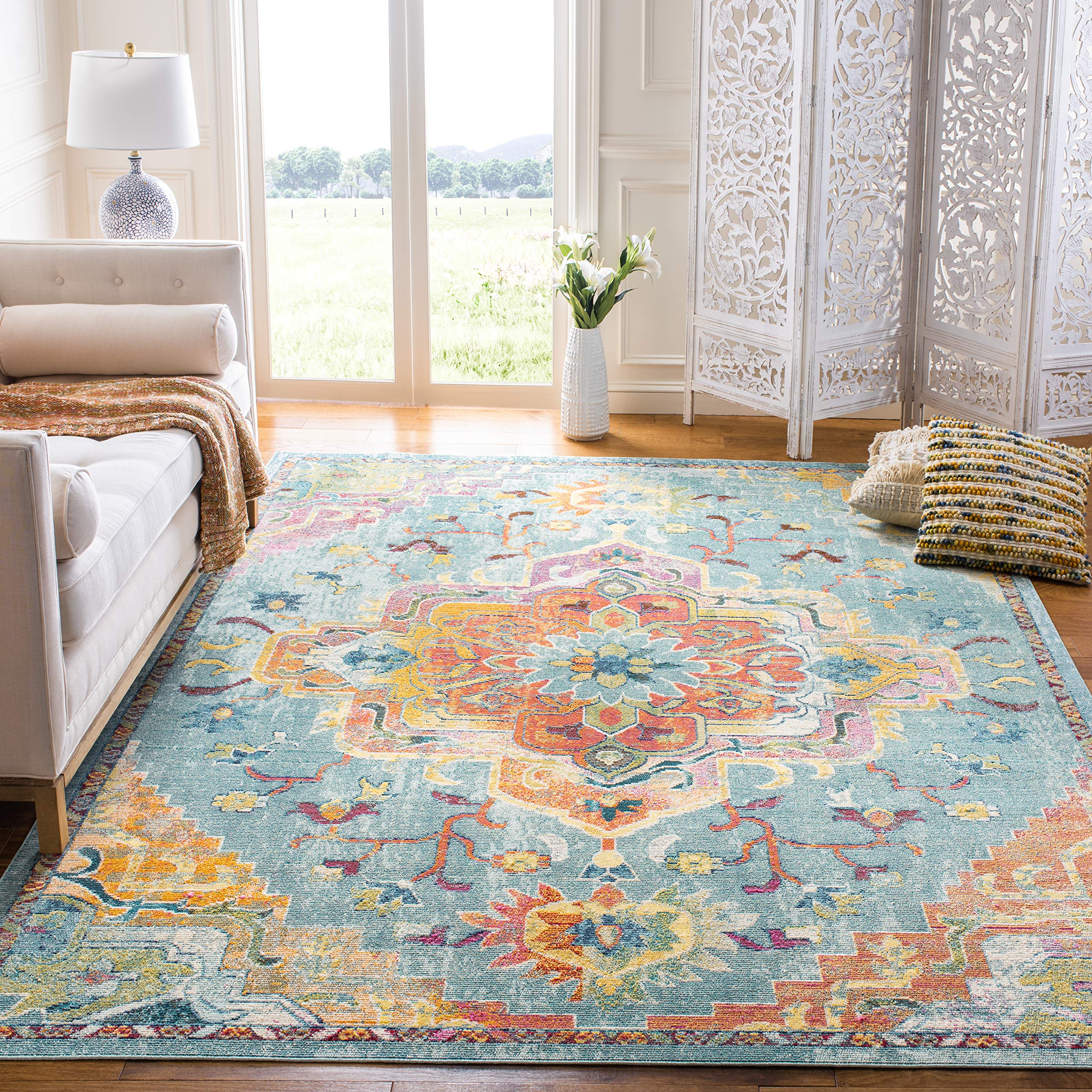SAFAVIEH Crystal Collection 9 Square Teal/Orange CRS501J Boho Chic Oriental Medallion Distressed Non-Shedding Living Room Bedro