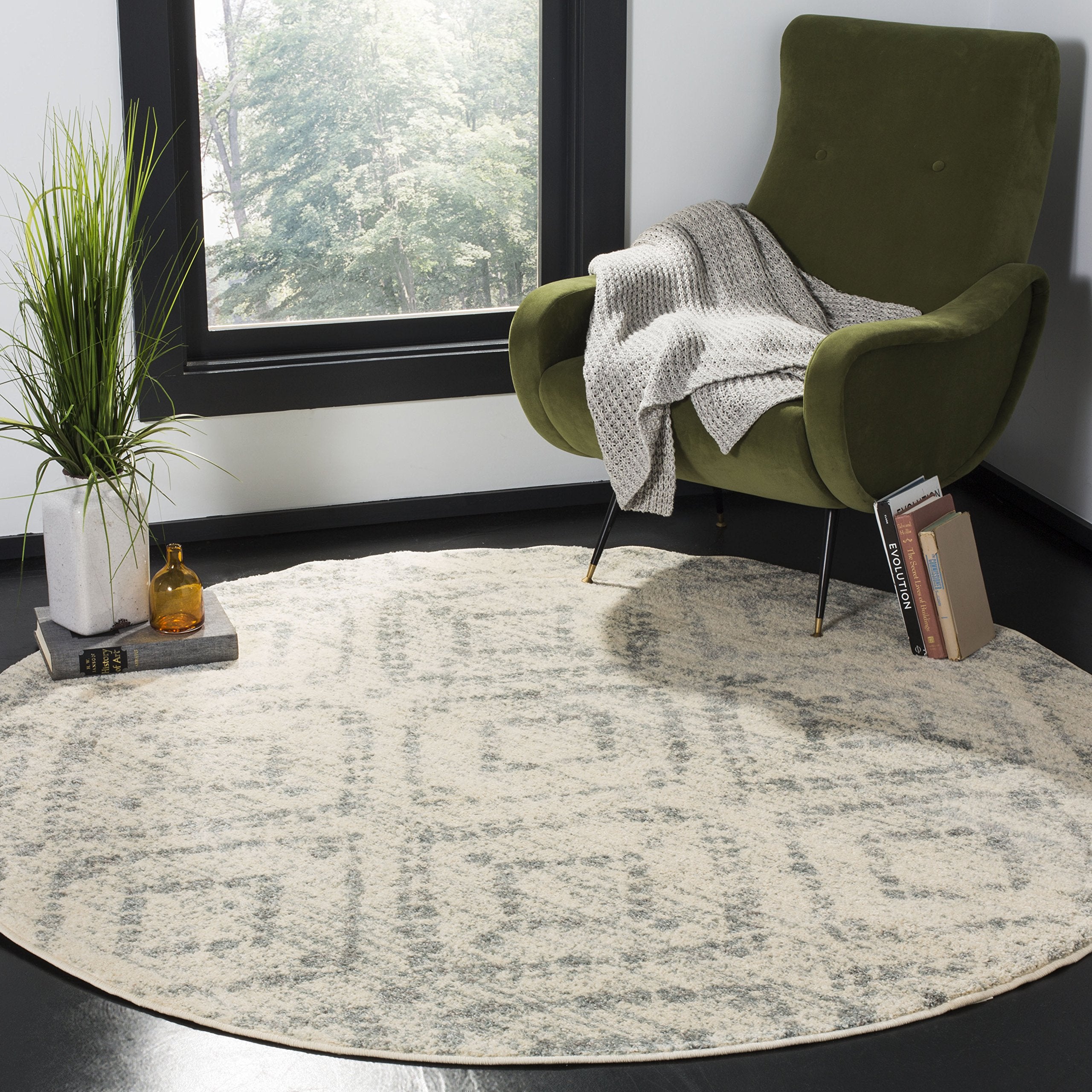 SAFAVIEH Adirondack Collection 4 Round Ivory / Light Blue ADR131T Modern Diamond Distressed Non-Shedding Dining Room Entryway F