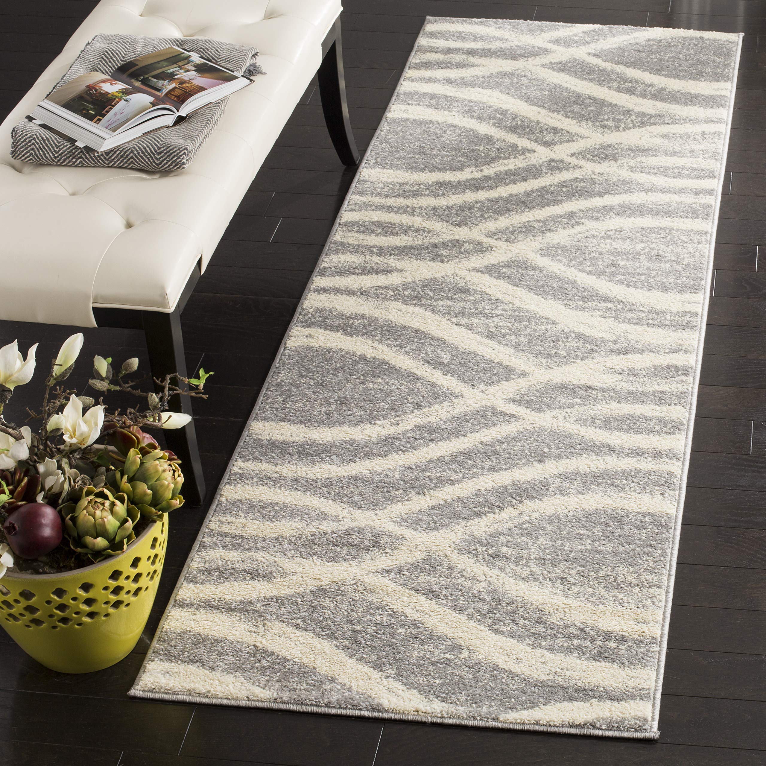 SAFAVIEH Adirondack Collection Runner Rug - 26 x 14, Grey & Cream, Modern Wave Distressed Design, Non-Shedding & Easy Care, Id