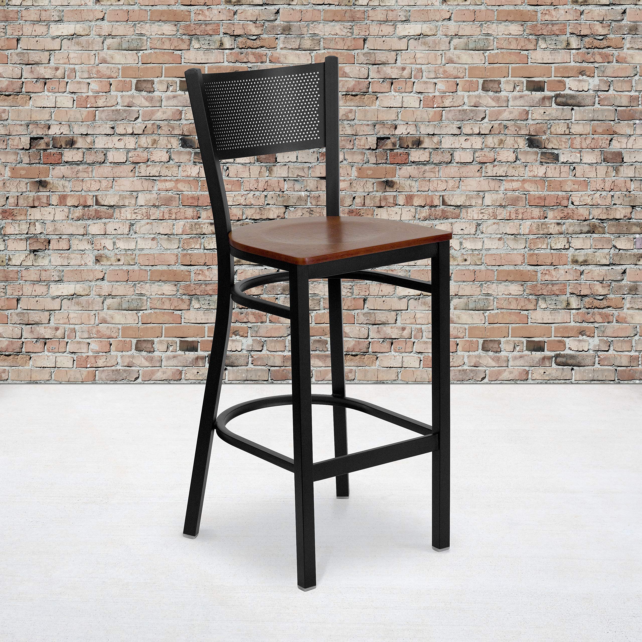 Flash Furniture HERCULES Series Black Grid Back Metal Restaurant Barstool - Cherry Wood Seat