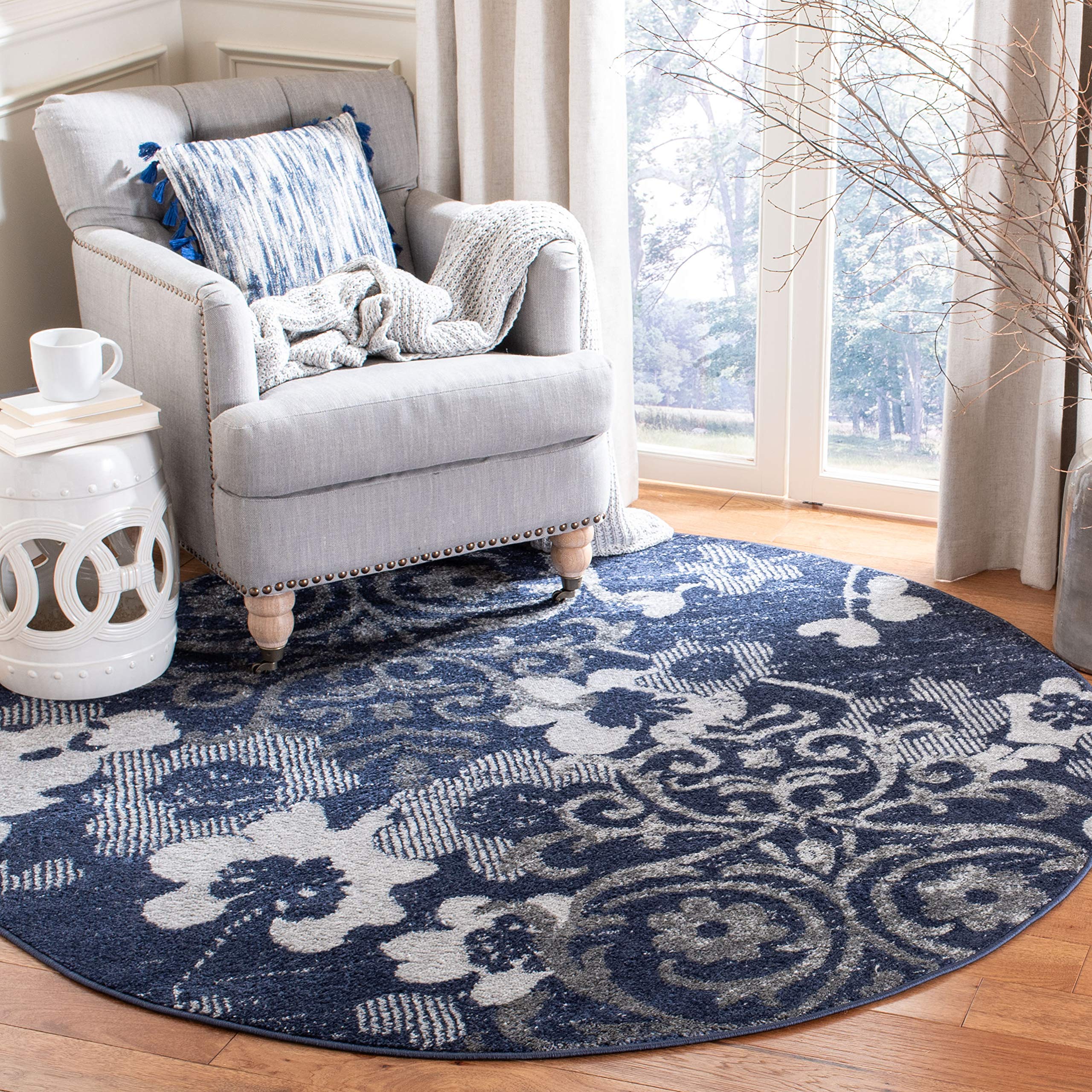 SAFAVIEH Adirondack Collection 6 Round Navy / Silver ADR114N Floral Glam Damask Distressed Non-Shedding Dining Room Entryway Fo