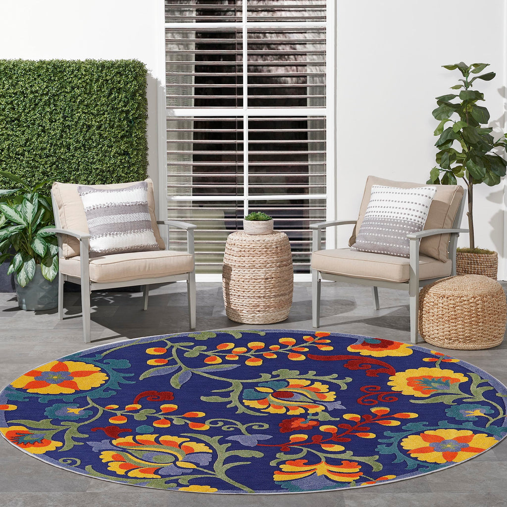 Nourison Aloha Indoor-Outdoor Navy Multicolor 7’10” X Round Area Rug, Easy Cleaning, Non Shedding, Bed Room, Living Room, Dining Room, Backyard, Deck, Patio (8 Round)