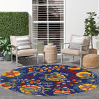 Nourison Aloha Indoor-Outdoor Navy Multicolor 7’10” X Round Area Rug, Easy Cleaning, Non Shedding, Bed Room, Living Room, Dining Room, Backyard, Deck, Patio (8 Round)
