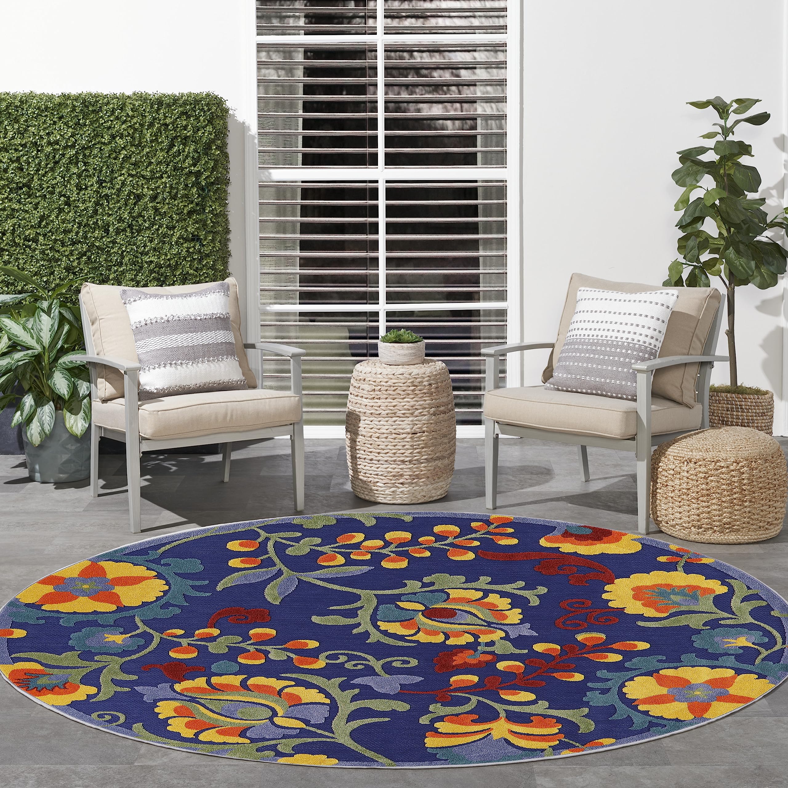 Nourison Aloha Indoor-Outdoor Navy Multicolor 7’10” X Round Area Rug, Easy Cleaning, Non Shedding, Bed Room, Living Room, Dining Room, Backyard, Deck, Patio (8 Round)