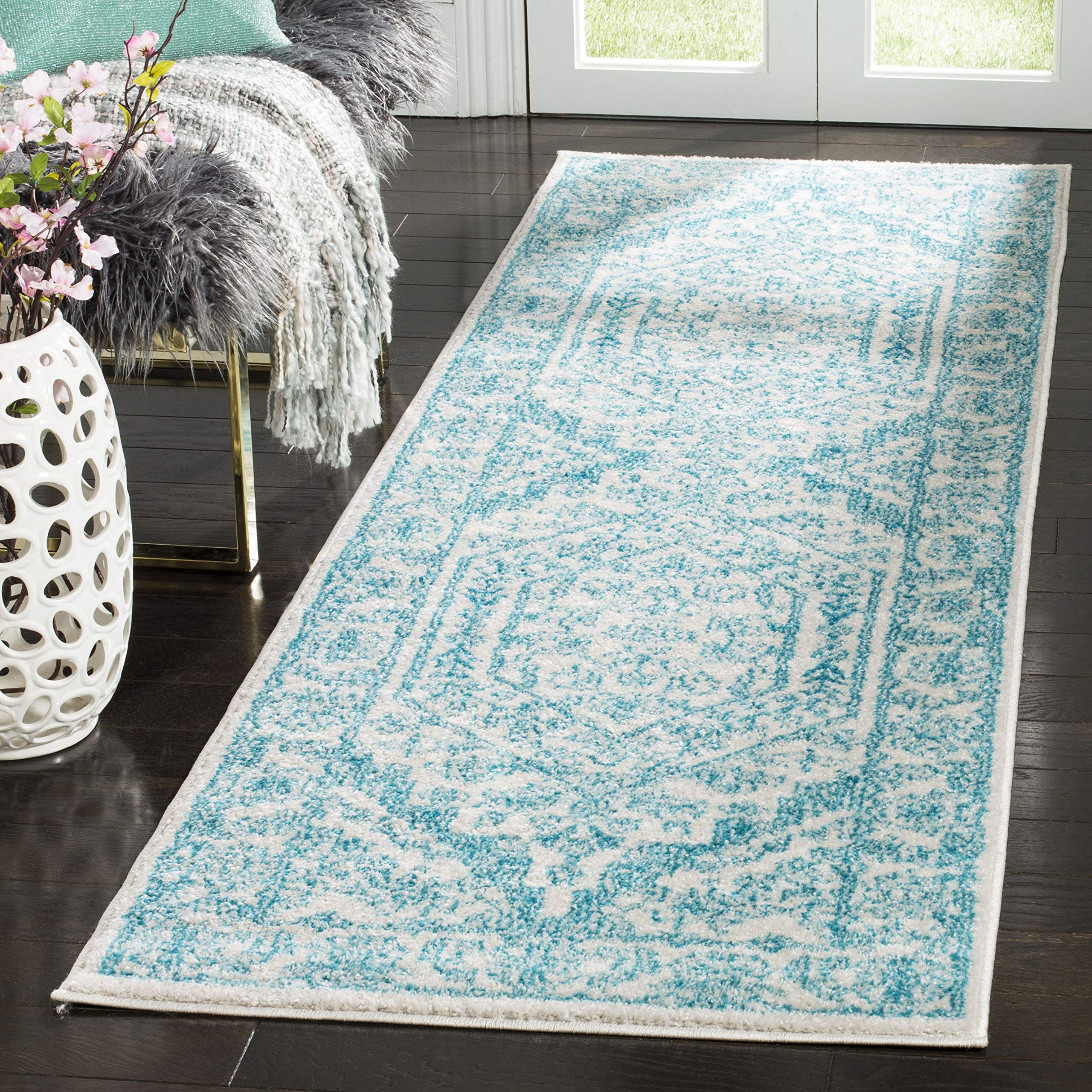 SAFAVIEH Adirondack Collection Runner Rug - 26 x 8, Ivory & Teal, Oriental Medallion Design, Non-Shedding & Easy Care, Ideal f