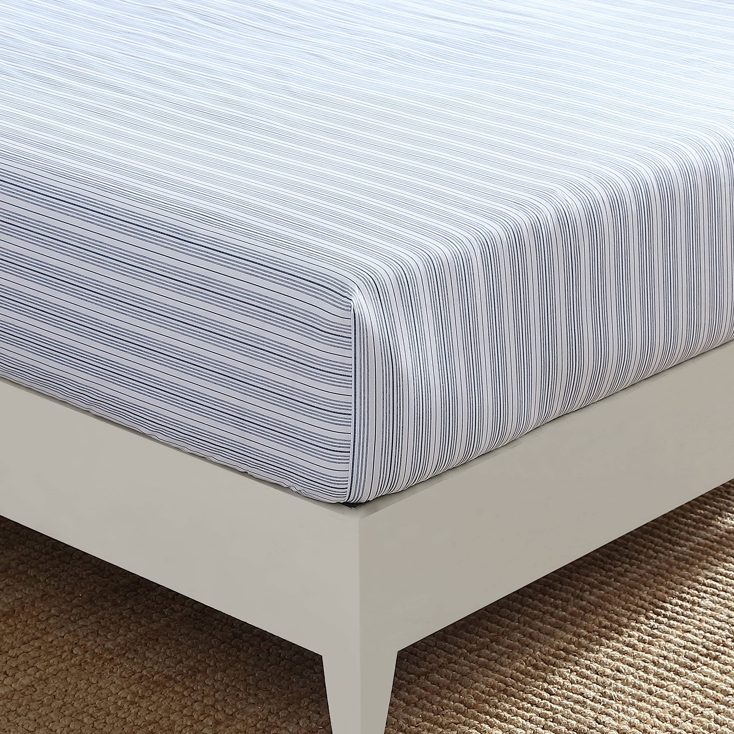 Nautica - Queen Fitted Sheet, Cotton Percale Bedding, Casual Home Decor (Beaux Stripe Blue, Queen)