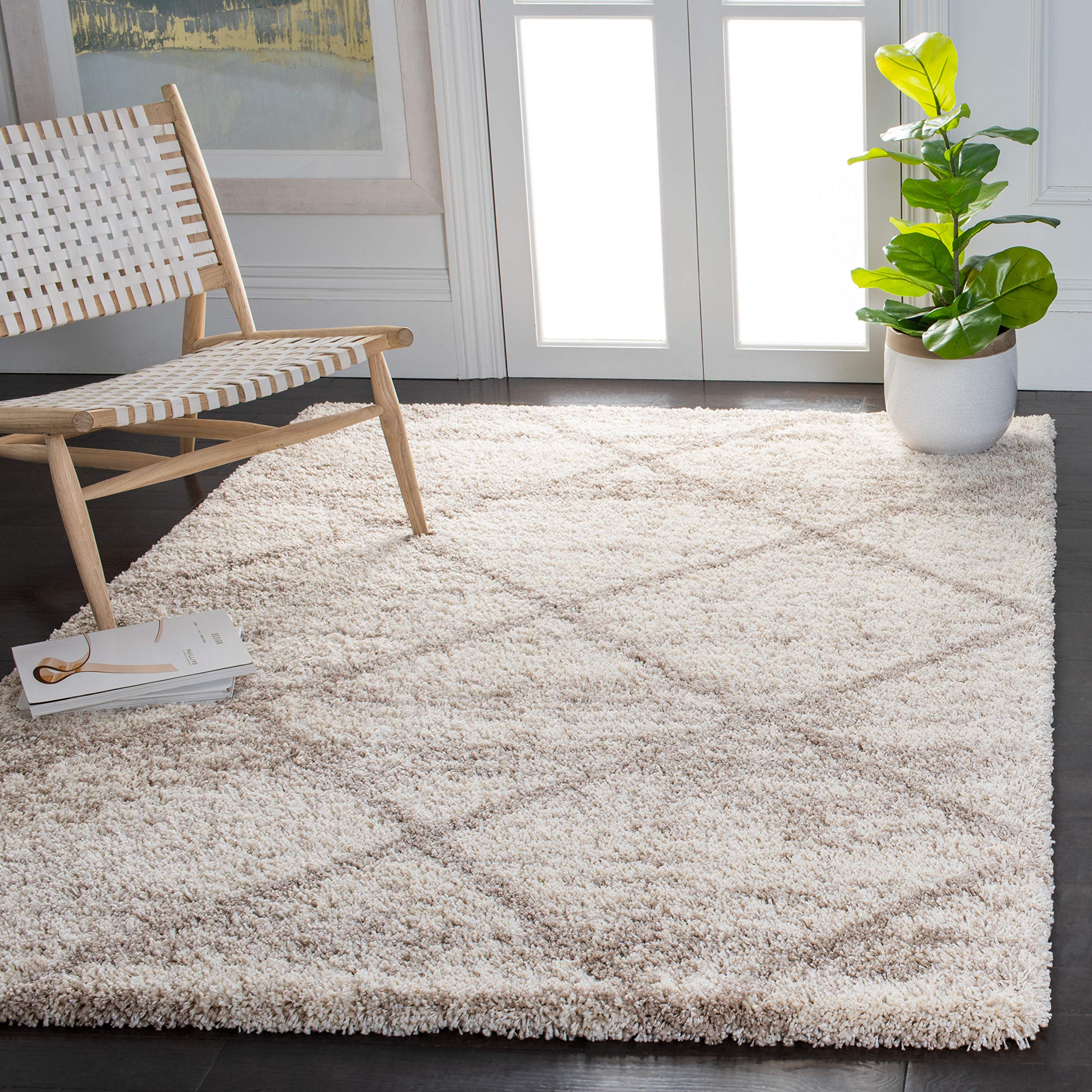SAFAVIEH Hudson Shag Collection Area Rug - 6 x 9, Multi Ivory & Beige, Modern Trellis Design, Non-Shedding & Easy Care, 2-inch