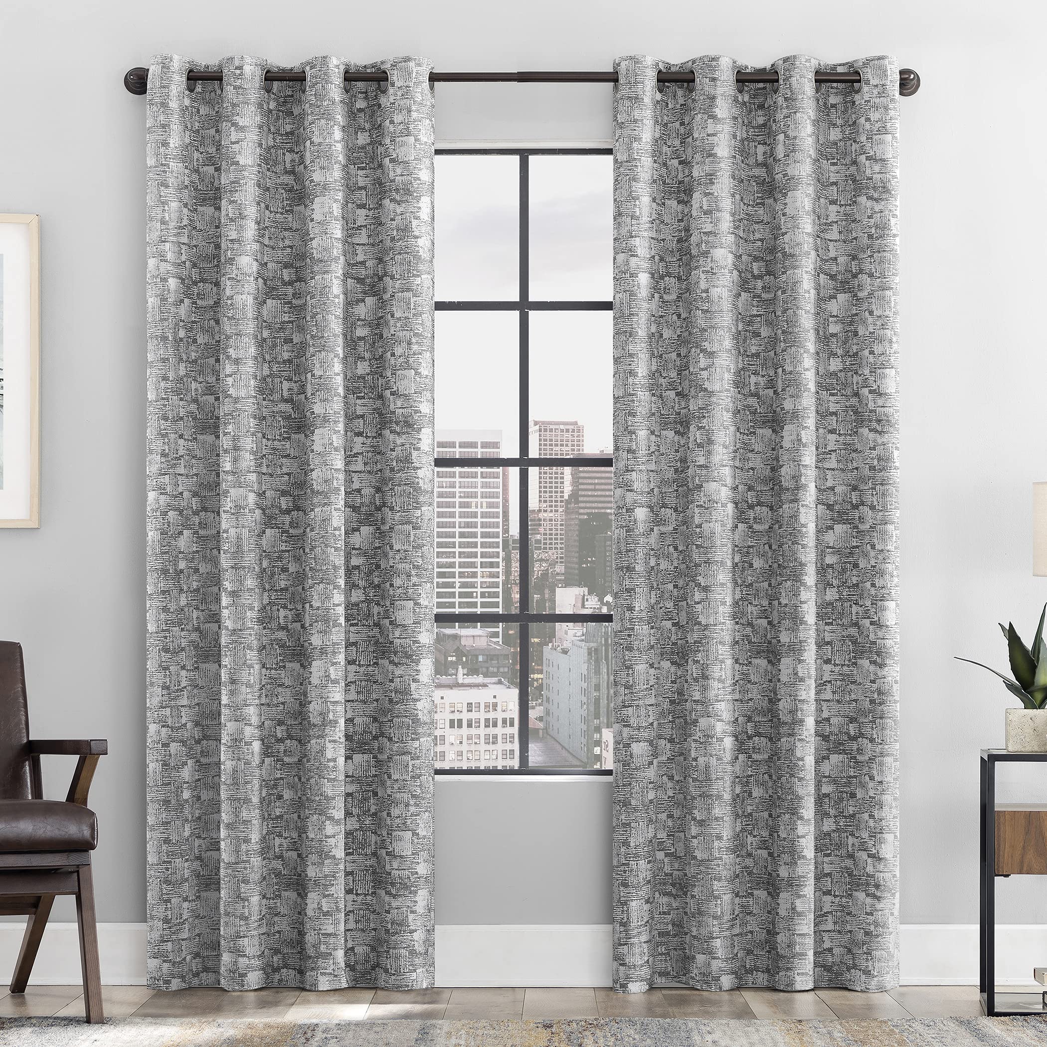 Scott Living Osaka Inverted Brushstrokes Cotton Blend Total Blackout Grommet Curtain Panel, 50 x 84, Gray