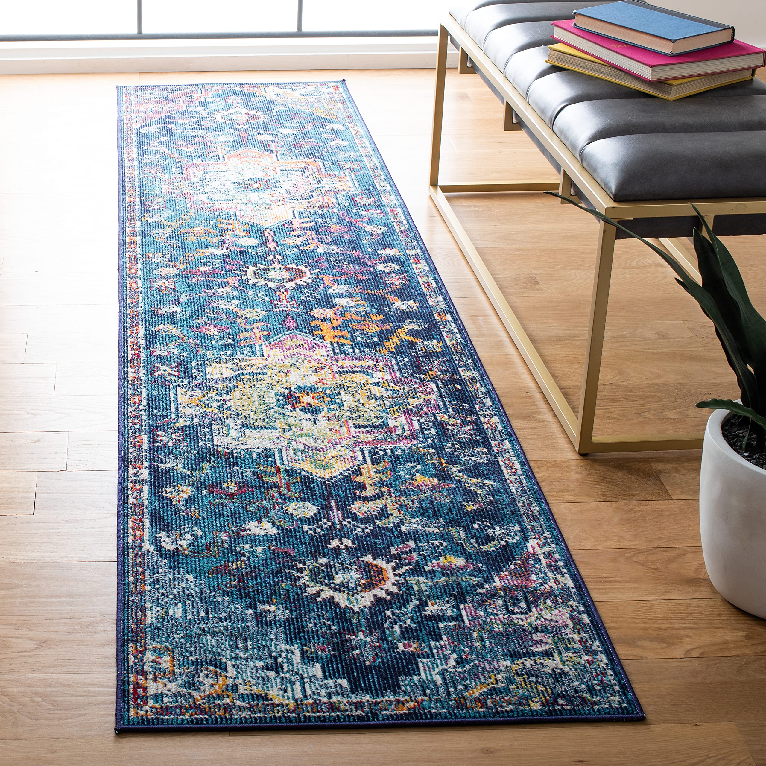 SAFAVIEH Crystal Collection Runner Rug - 22 x 11, Navy & Fuchsia, Medallion Distressed Design, Non-Shedding & Easy Care, Ideal
