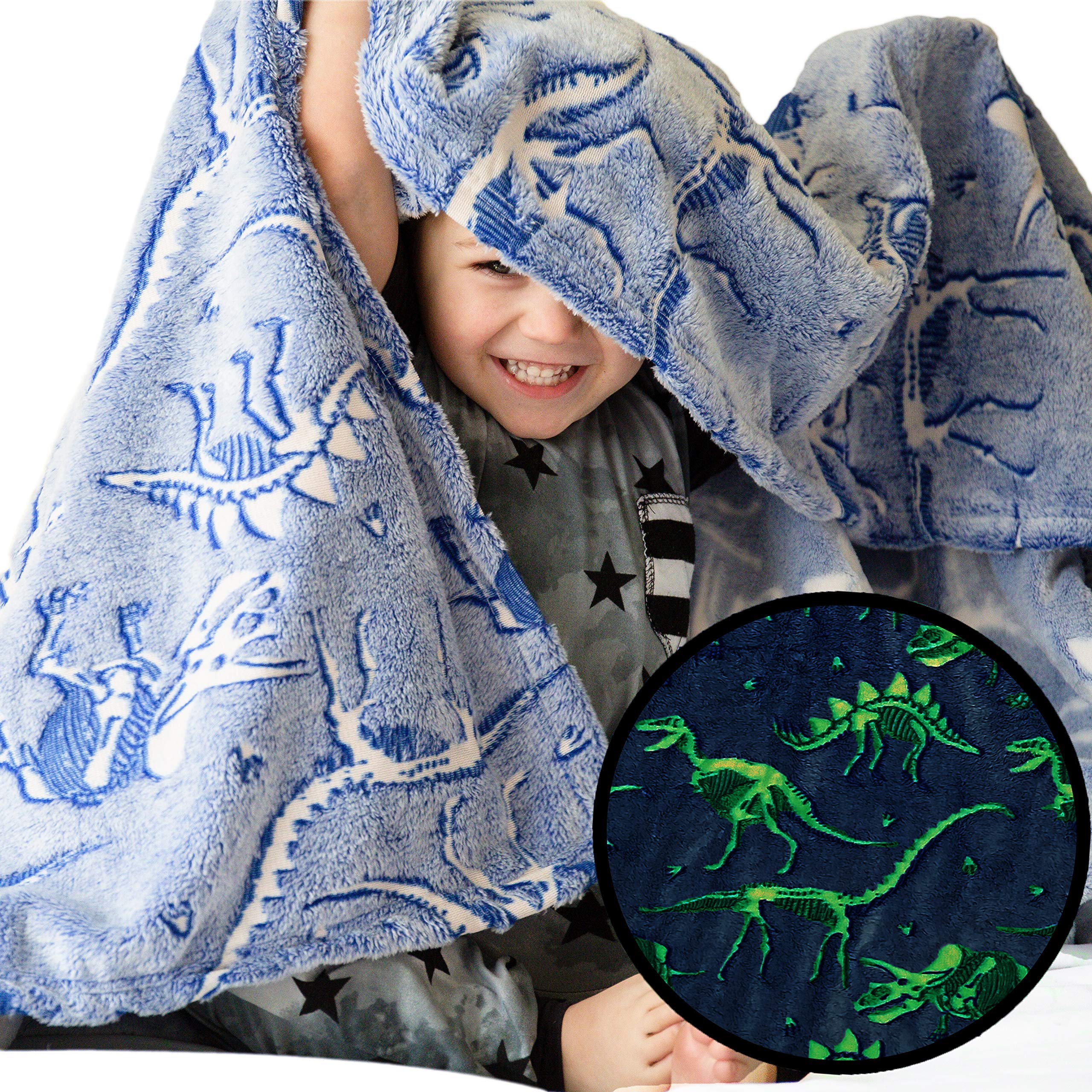 Dinosaur Blanket Glow In The Dark Luminous Dino Blanket For Kids - Soft Plush Blue T-Rex Blanket Throw For Boys And Girls - Larg