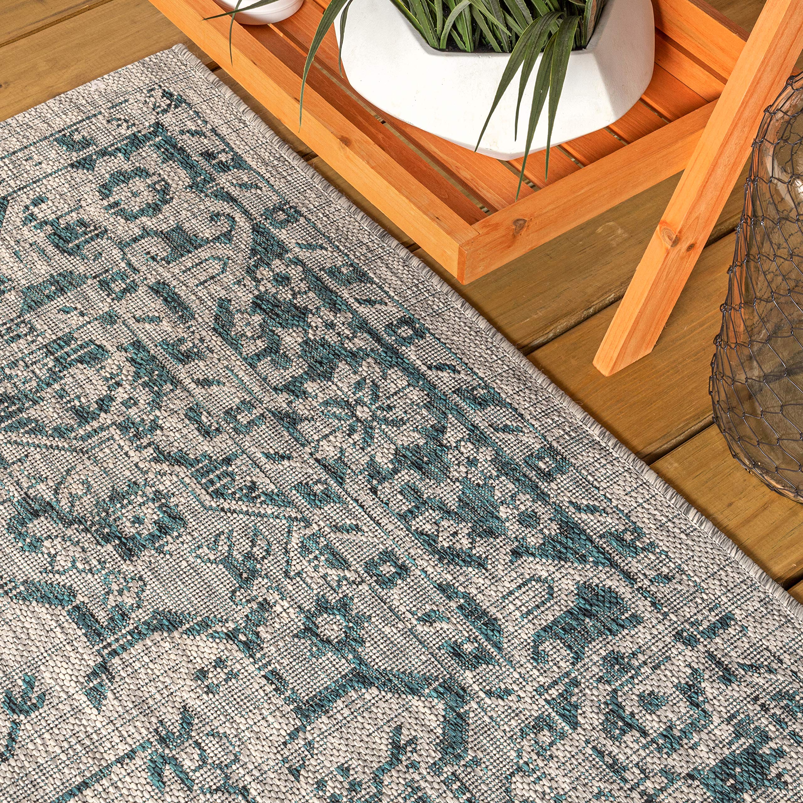 Jonathan Y Smb102C-28 Rozetta Boho Medallion Textured Weave Indoor Outdoor -Area Rug Coastal Bohemian Rustic Glam Easy-Cleaning Bedroom Kitchen Backyard Patio Non Shedding, 2 X 8, Gray/Teal