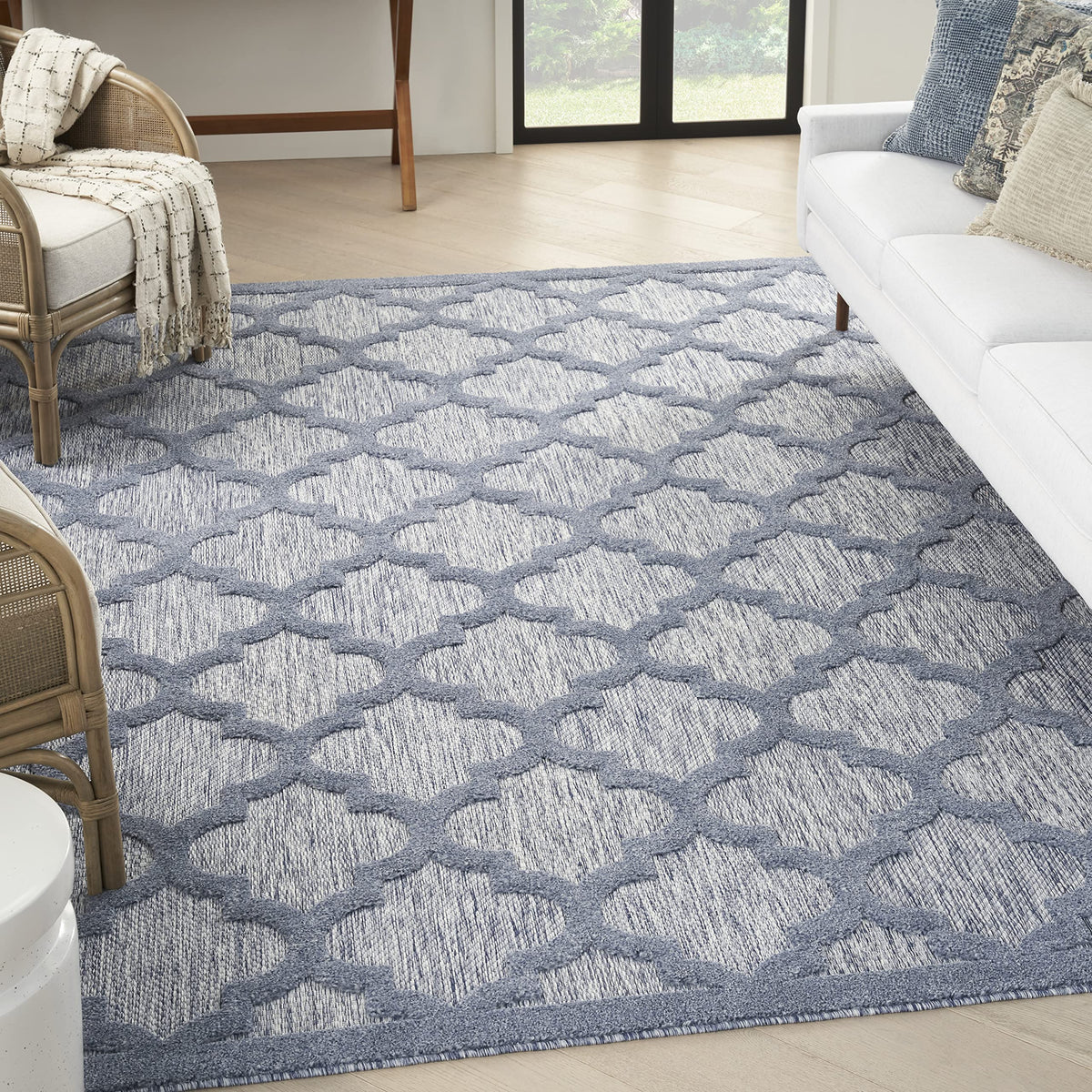 Nourison Easy Care Moroccan Denim Blue 7' X 10' Area Rug, Trellis, Easy Cleaning, Non Shedding, Bed Room, Living Room, Dining Ro