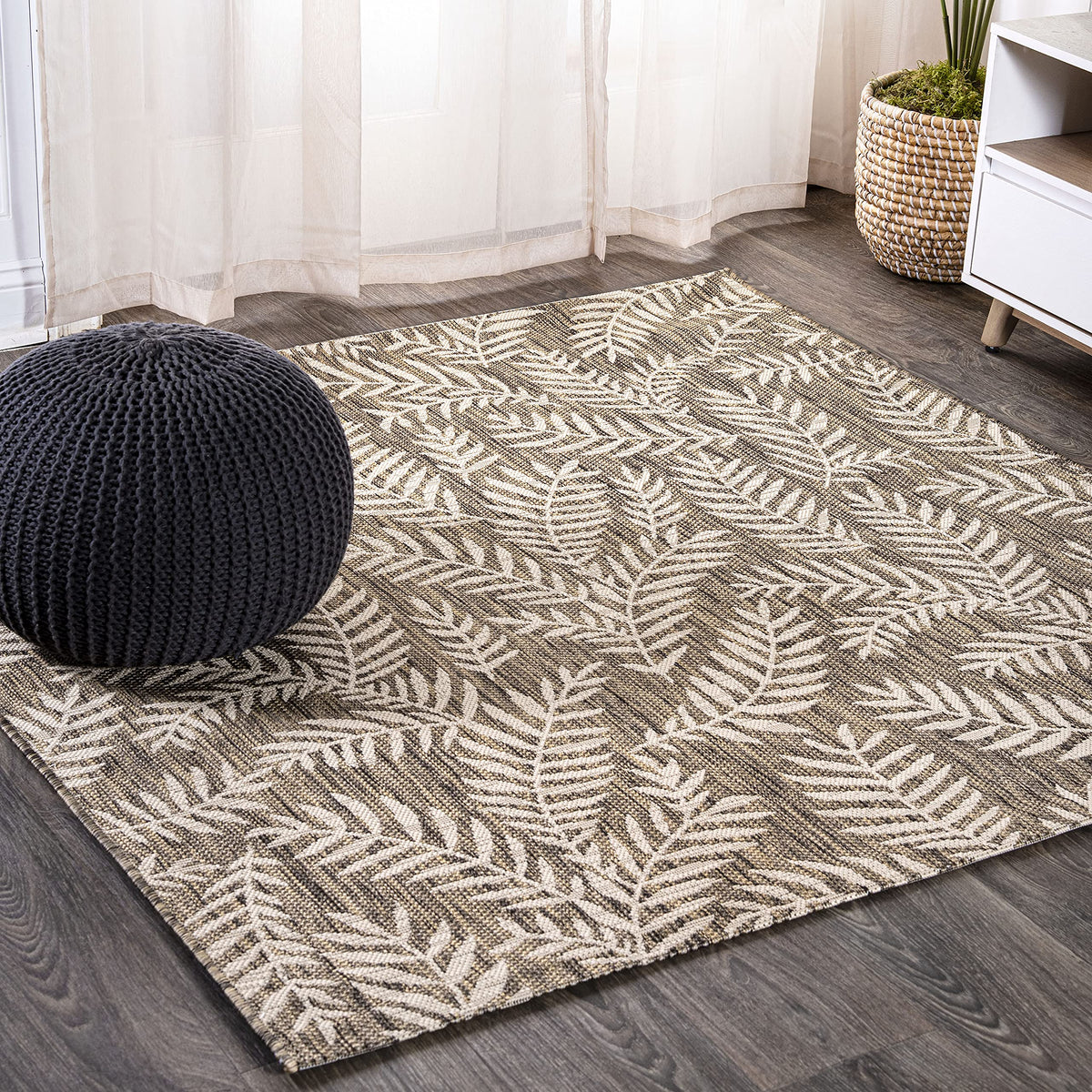 Jonathan Y Smb119A-5Sq Nevis Palm Frond Indoor Outdoor Area-Rug Coastal Floral Easy-Cleaning Bedroom Kitchen Backyard Patio Non