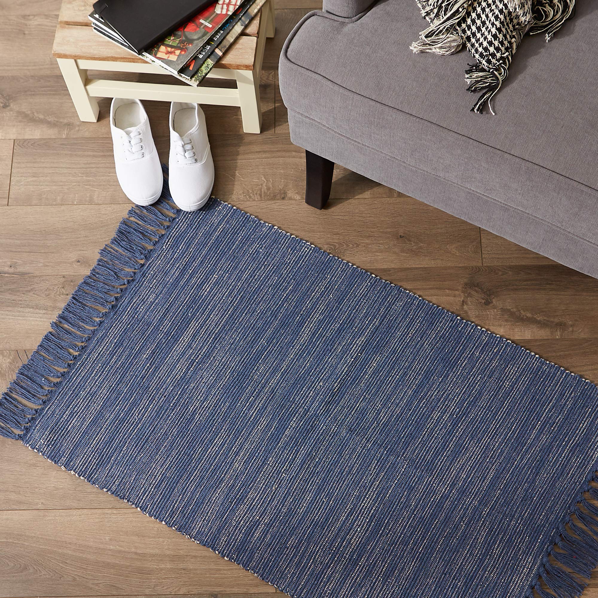 Dii Woven Rugs Collection Ribbed Reversible Cotton, 2X3', French Blue & Off-White