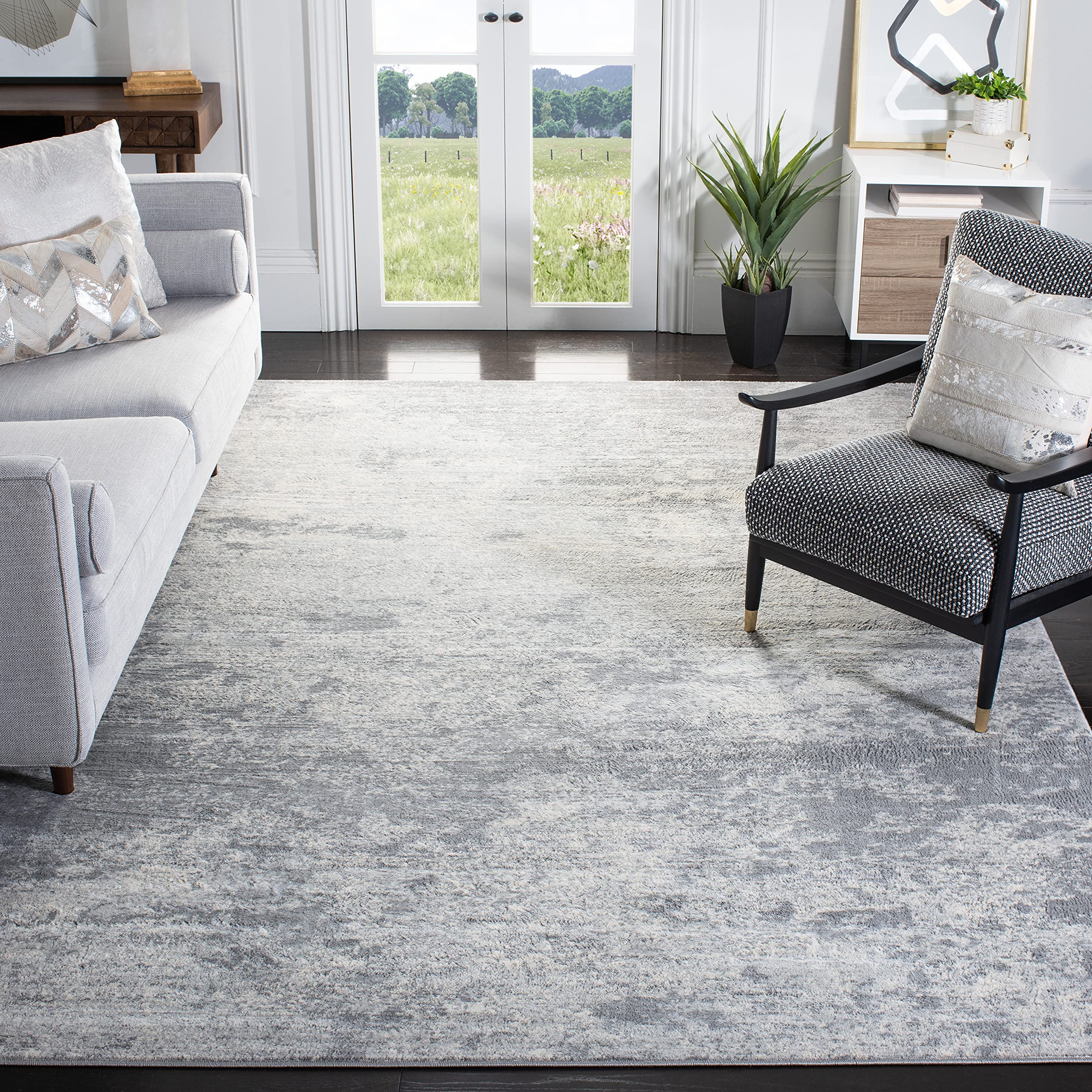 SAFAVIEH Brentwood Collection 9 Square Grey/Ivory BNT822H Modern Abstract Non-Shedding Living Room Bedroom Area Rug