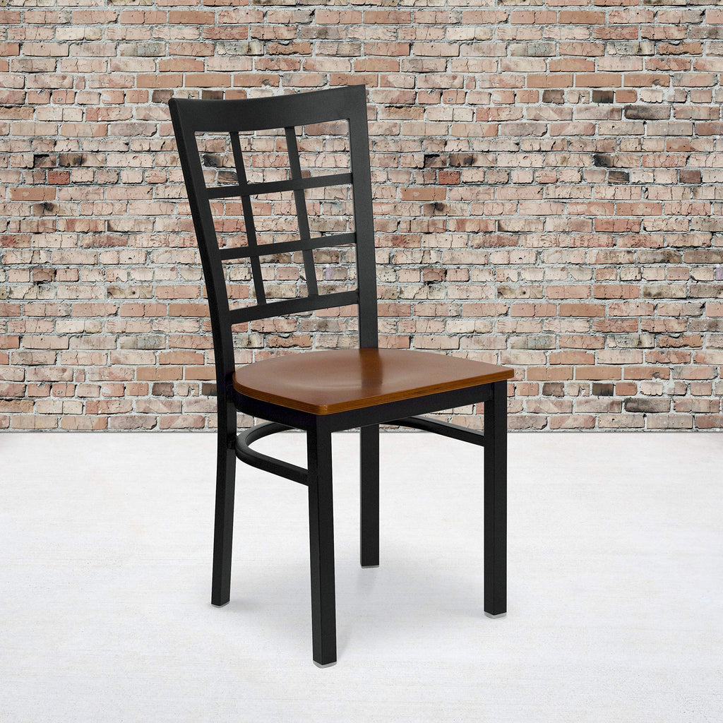Flash Furniture HERCULES Series Black Window Back Metal Restaurant Chair - Cherry Wood Seat