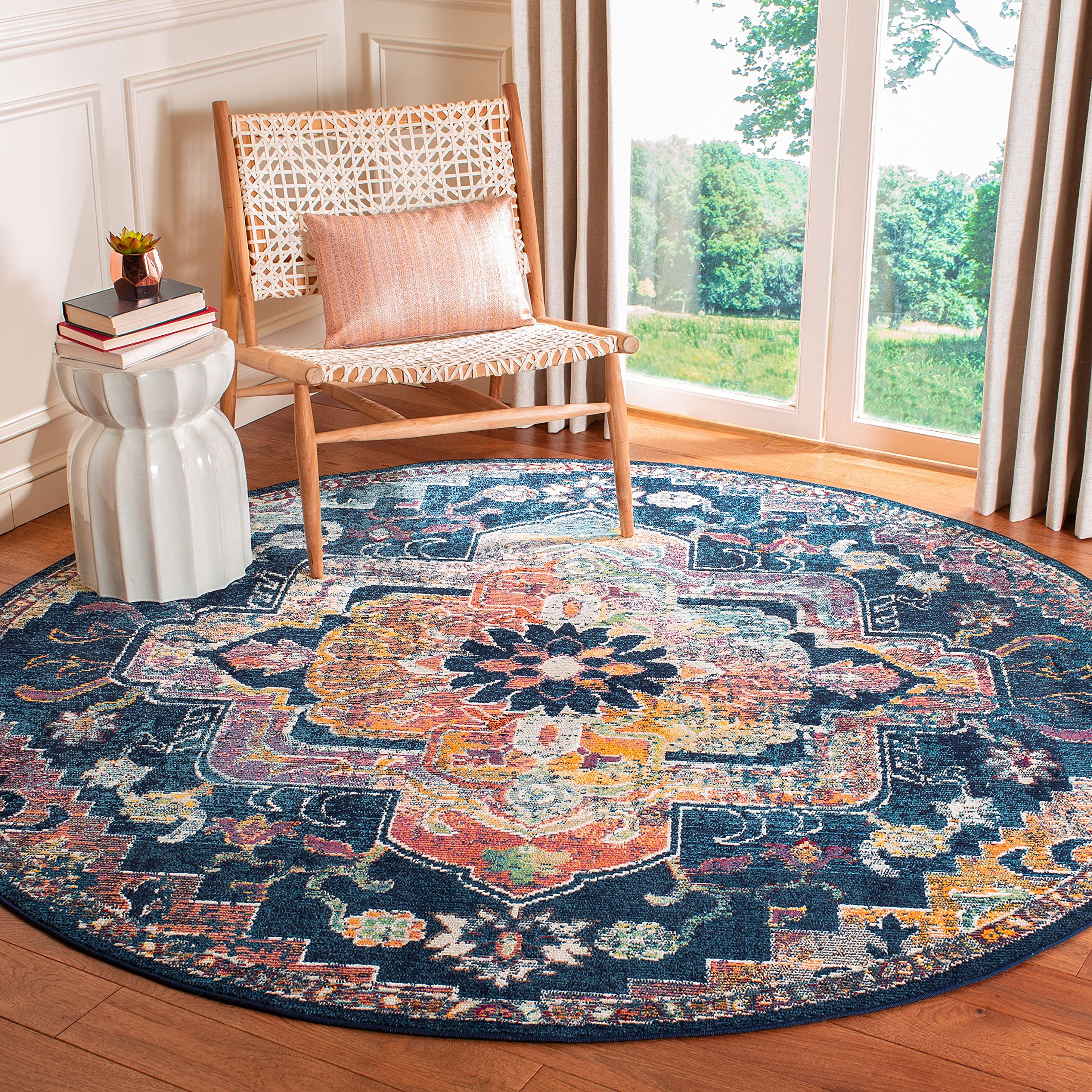 SAFAVIEH Crystal Collection 4 Round Navy / Fuchsia CRS501H Boho Chic Oriental Medallion Distressed Non-Shedding Dining Room Ent