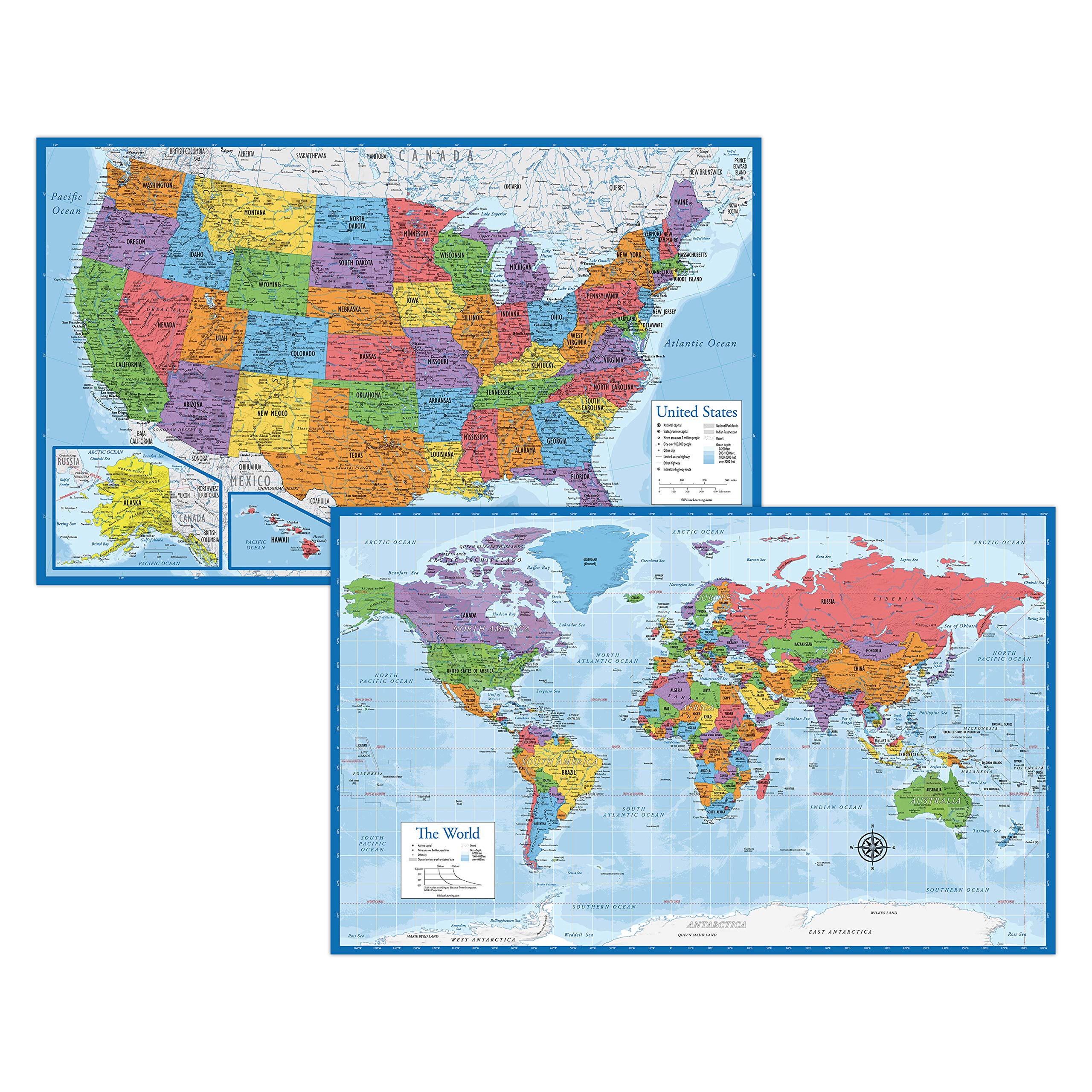 Laminated World Map & Us Map Poster Set - 18' X 29' - Wall Chart Maps Of The World & United States - Made In The Usa (Laminate