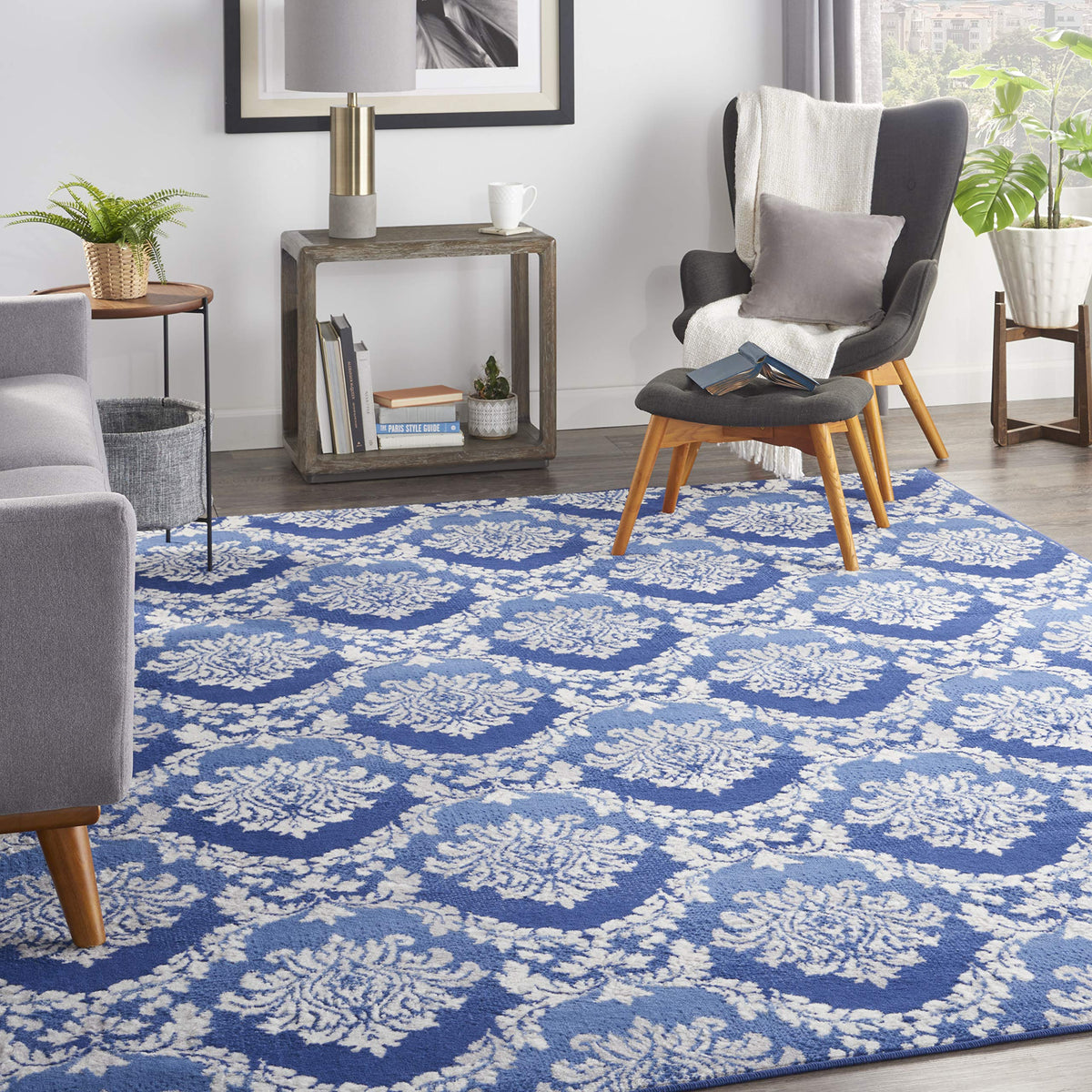 Nourison Whimsicle Damask Blue 7' X 10' Area Rug, Easy Cleaning, Non Shedding, Bed Room, Living Room, Dining Room, Kitchen (7X10