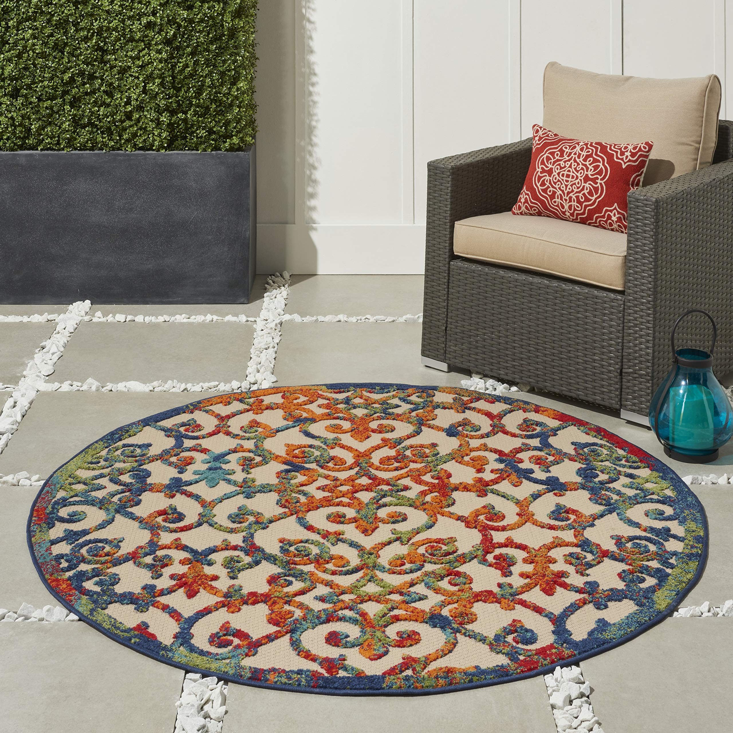 Nourison Aloha Indoor/Outdoor Multicolor 5'3' X Round Area Rug, Transitional, French Country, Easy Cleaning, Non Shedding, Bed