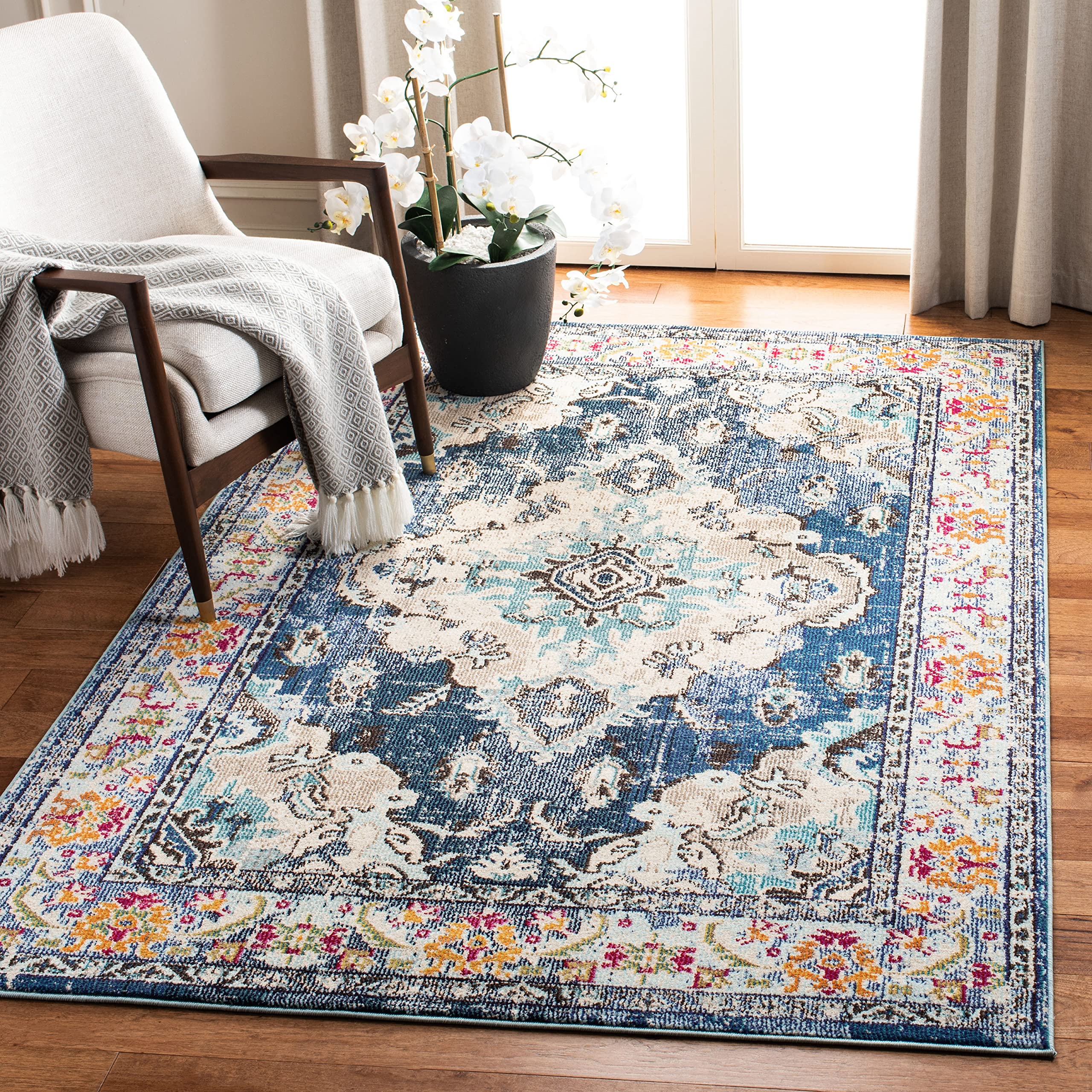 SAFAVIEH Monaco Collection Accent Rug - 4 x 57, Navy & Light Blue, Medallion Distressed Design, Non-Shedding & Easy Care, Idea