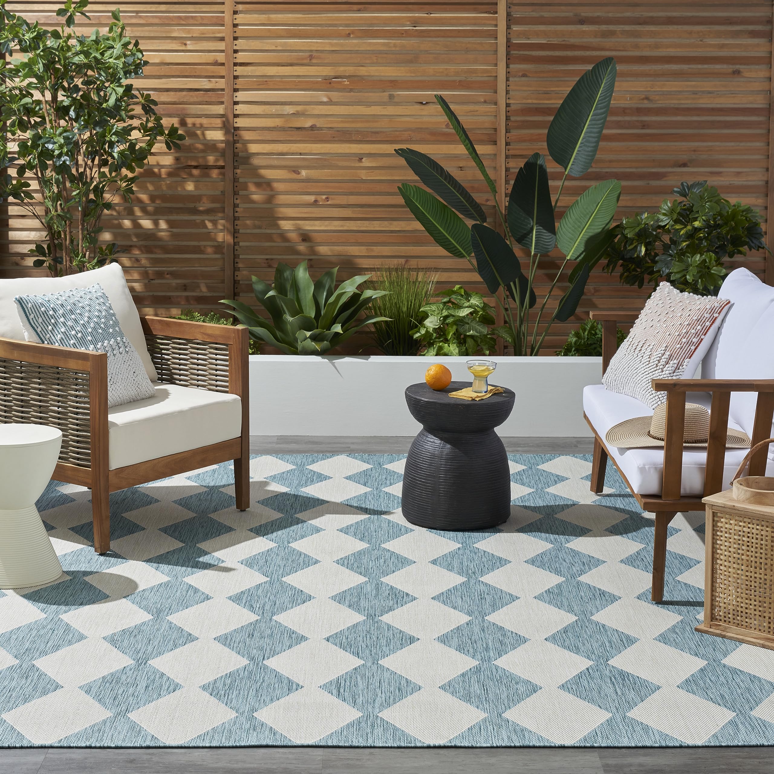 Nourison Positano Indoor/Outdoor Aqua 5' X 7' Area Rug, Easy Cleaning, Non Shedding, Bed Room, Living Room, Dining Room, Backyard, Deck, Patio (5X7)