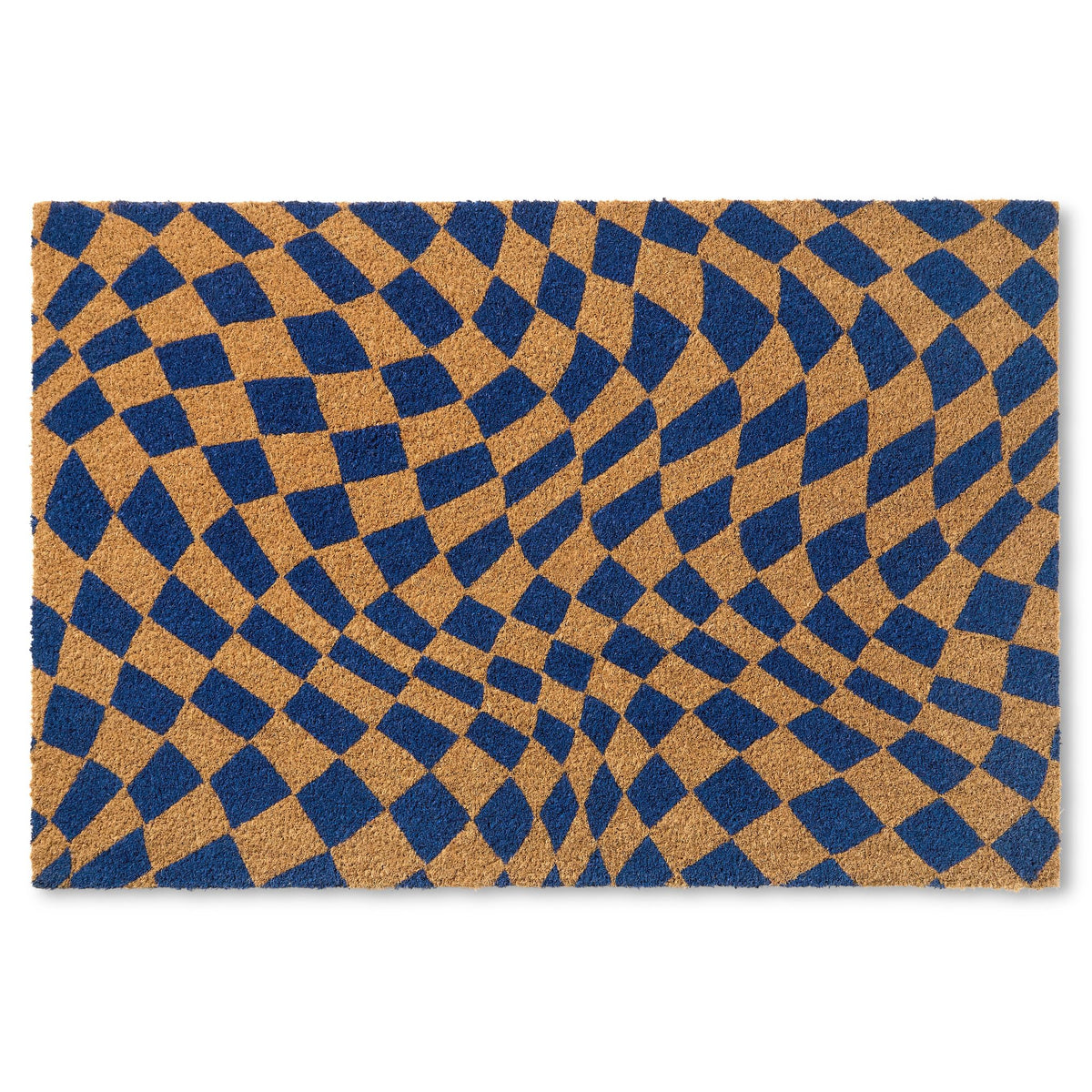 Town & Country Terra Emmett Groovy Checkerboard Door Mat, Natural Coir, Heavyweight, Non-Slip Entryway Mat, Blue, 18'X30'