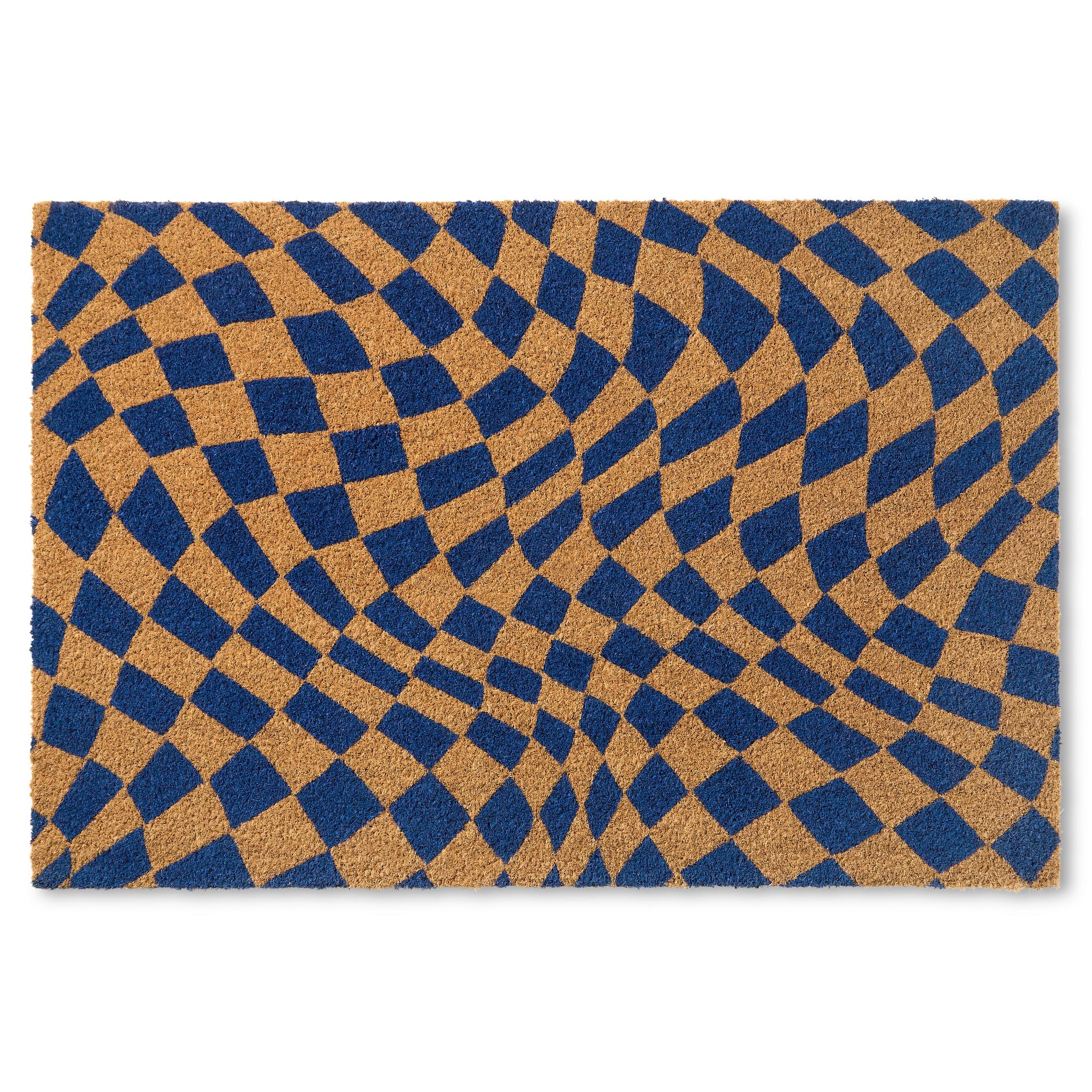 Town & Country Terra Emmett Groovy Checkerboard Door Mat, Natural Coir, Heavyweight, Non-Slip Entryway Mat, Blue, 18'X30'
