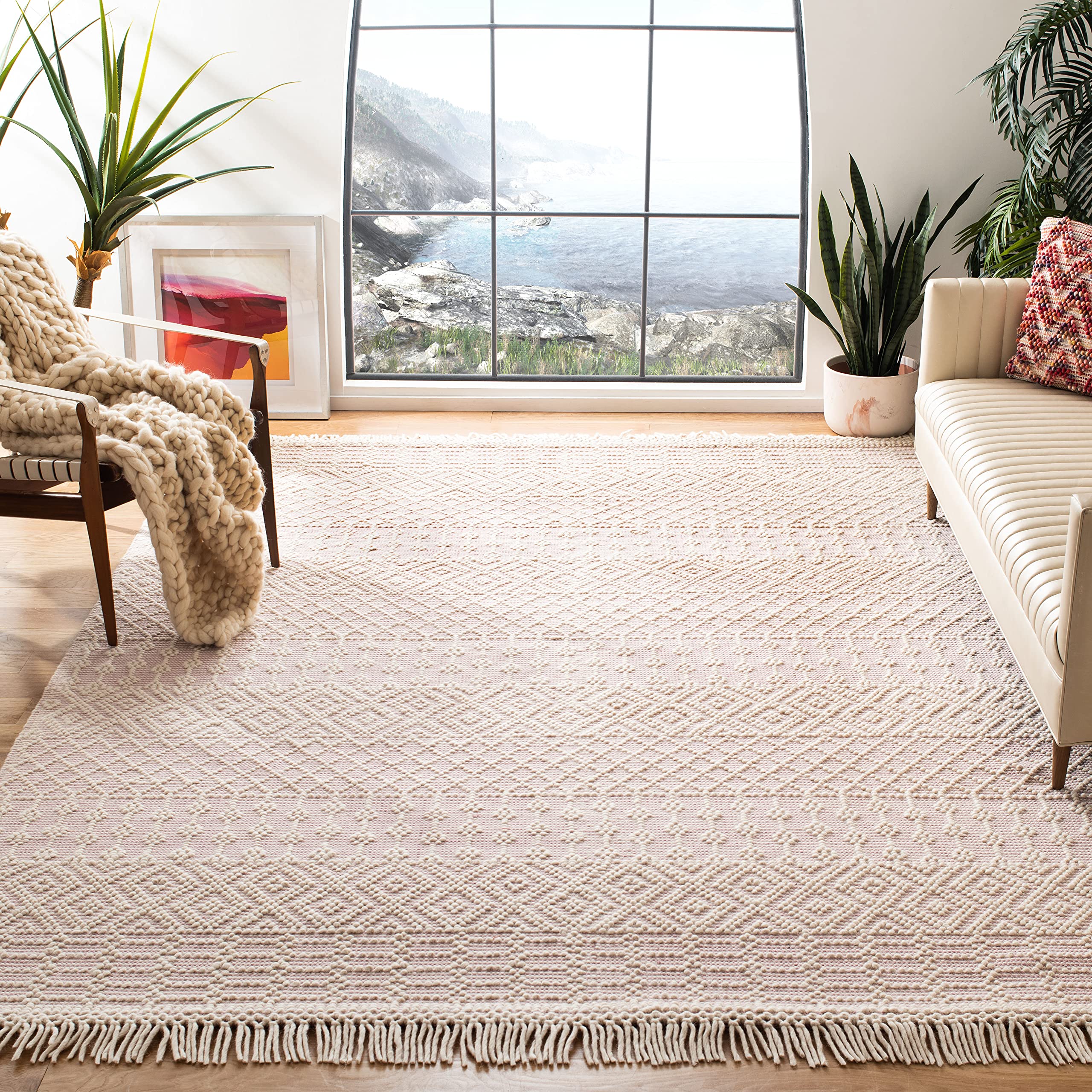SAFAVIEH Natura Collection Accent Rug - 3 x 5, Ivory & Pink, Handmade Moroccan Boho Wool Fringe, Ideal for High Traffic Areas 